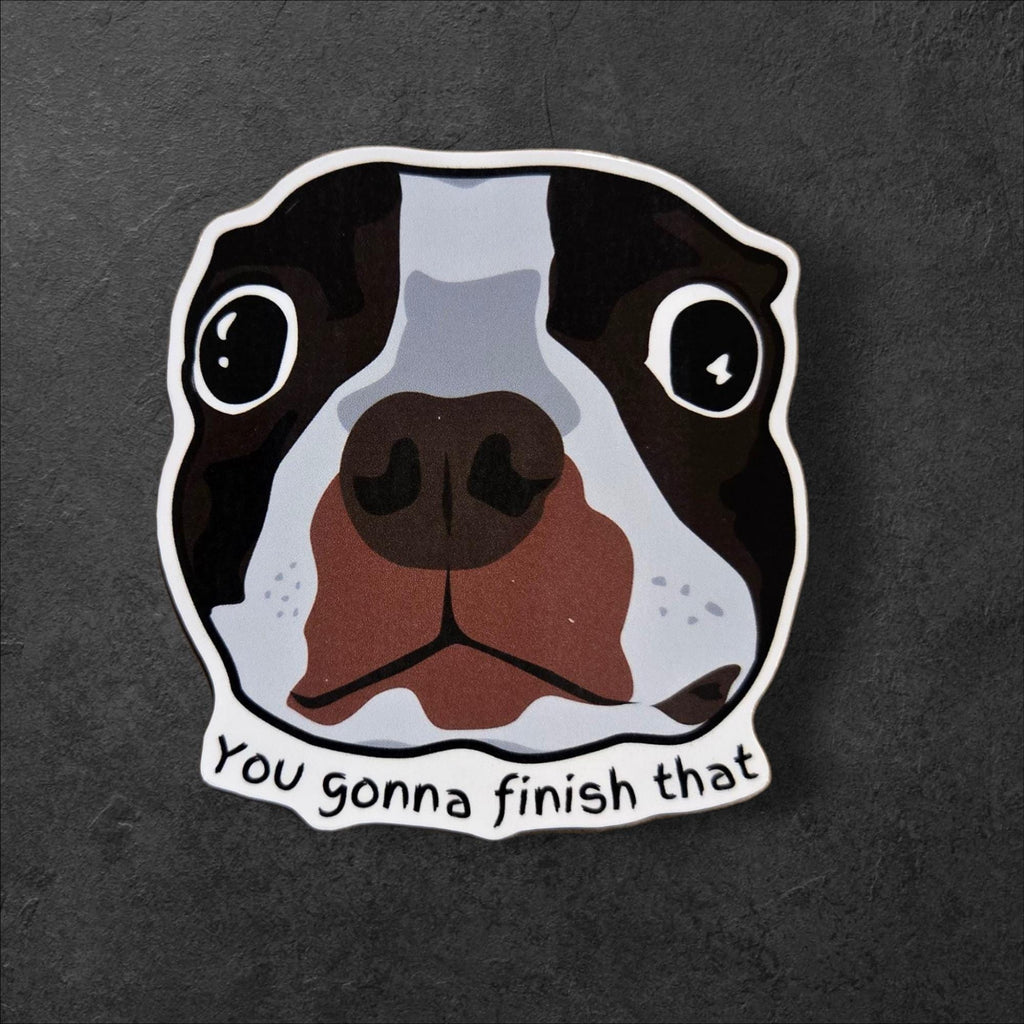 Funny Boston Terrier Meme Sticker: "You Gonna Finish That?" Vinyl Decal