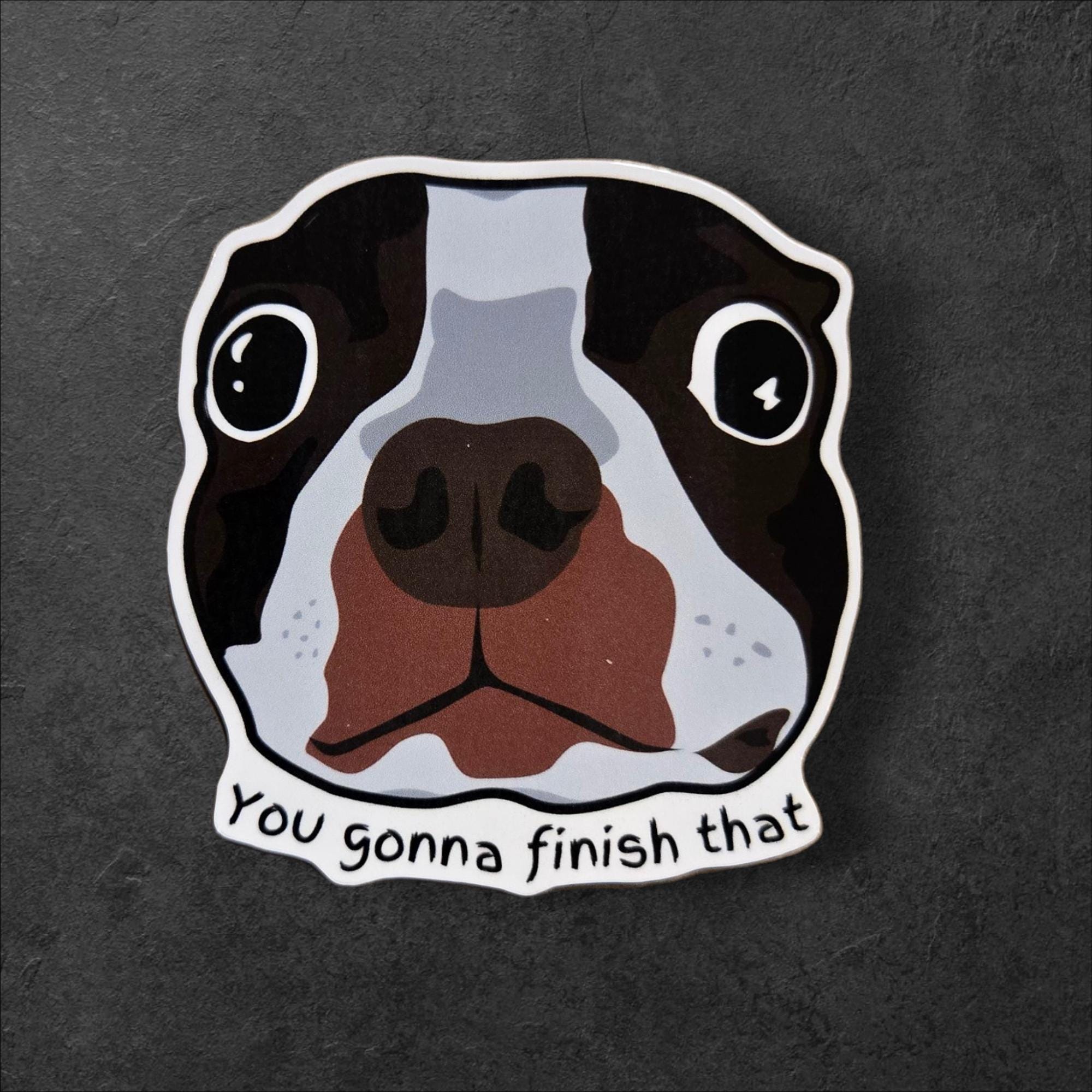 Funny Boston Terrier Meme Sticker: "You Gonna Finish That?" Vinyl Decal