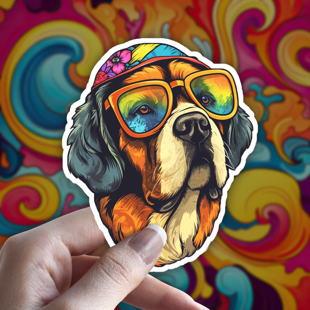 Psychedelic Saint Bernard Sticker: Retro 70s Hippie Dog Art