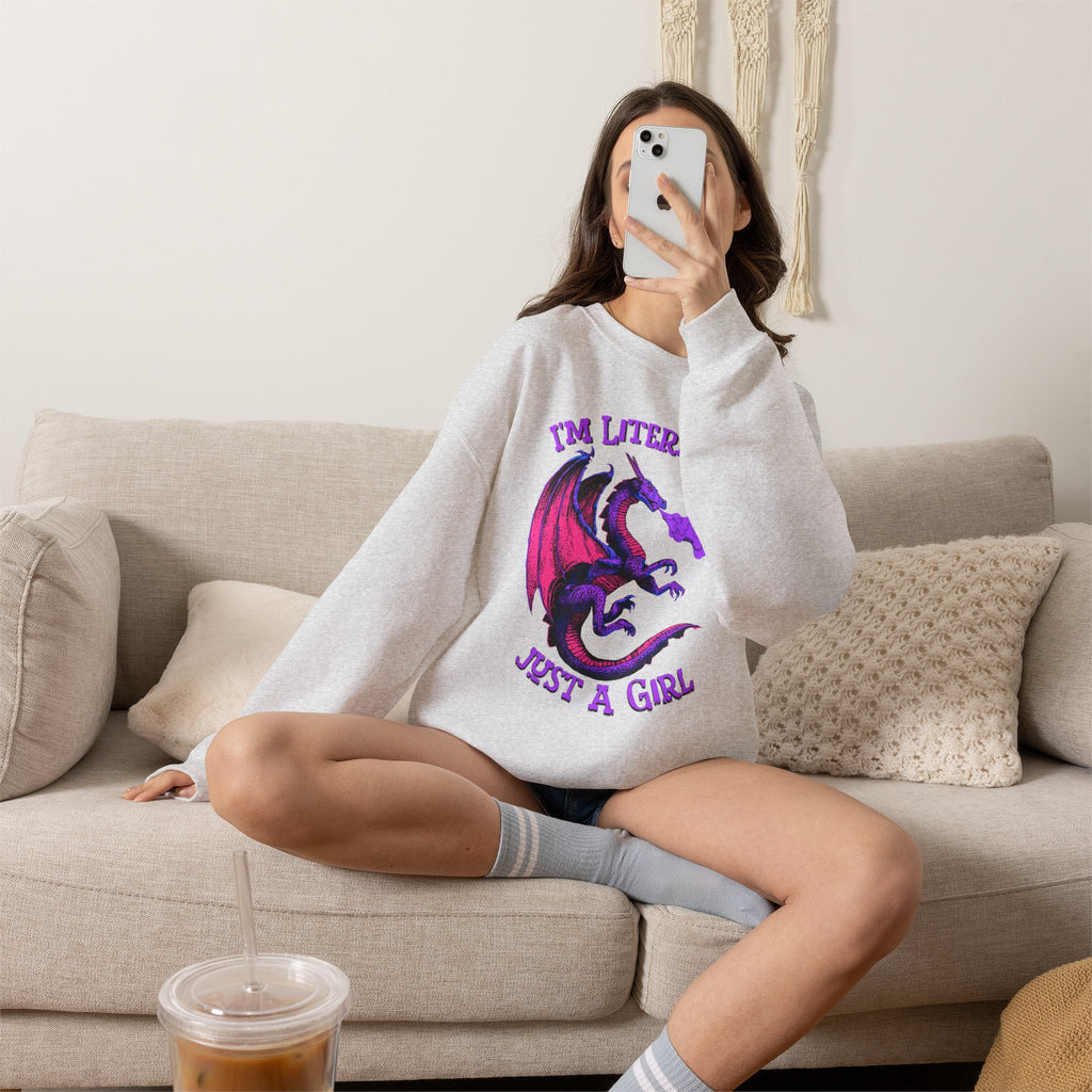 Retro Dragon Sweatshirt Im Literally Just a Girl Monster Girl Aesthetic 80s Fantasy Crewneck