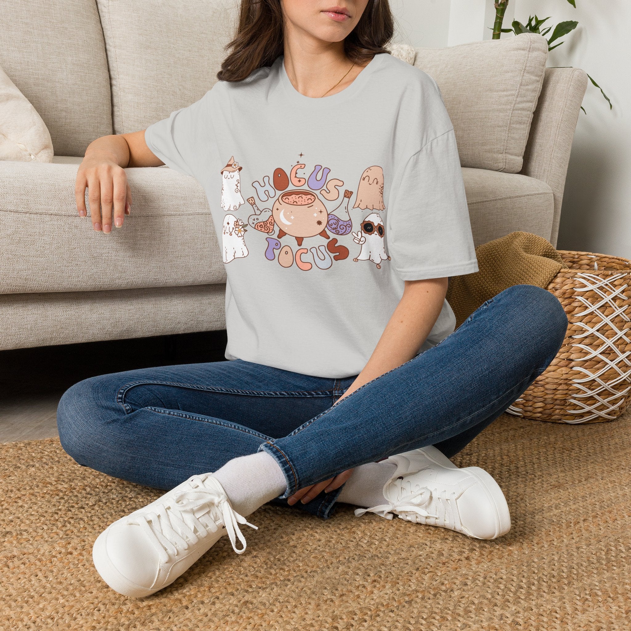 Hocus Pocus Cute Witch Crewneck T‑Shirt — Pastel Halloween Cat & Cauldron Tee