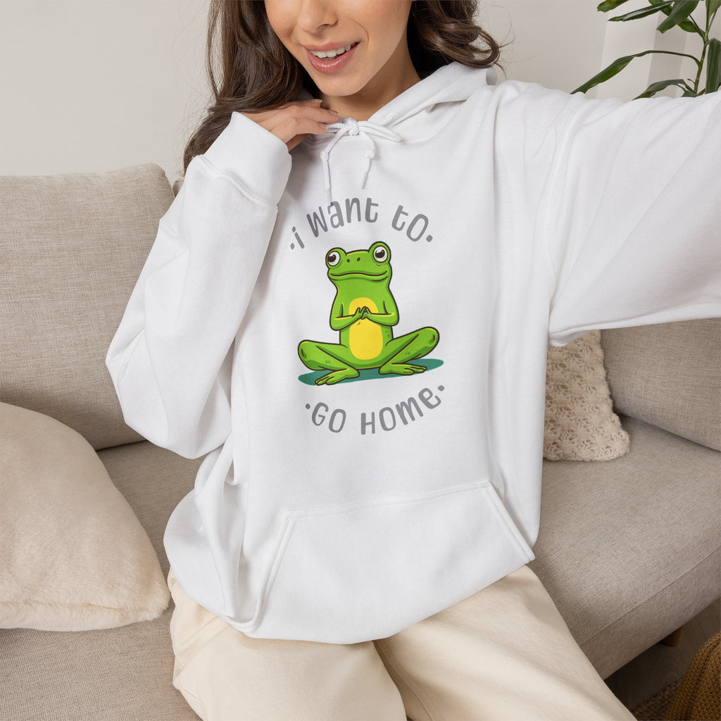 Frog "I Want to Go Home" graphic hoodie featuring Funny Cozy Graphic Sweatshirt