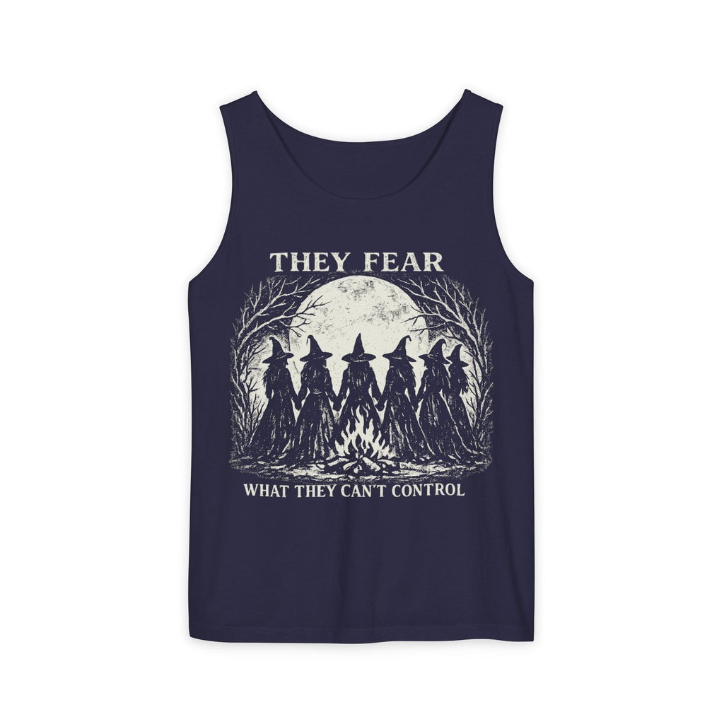 Feminist Witch graphic tank top featuring They Fear What They Can't Control Coven