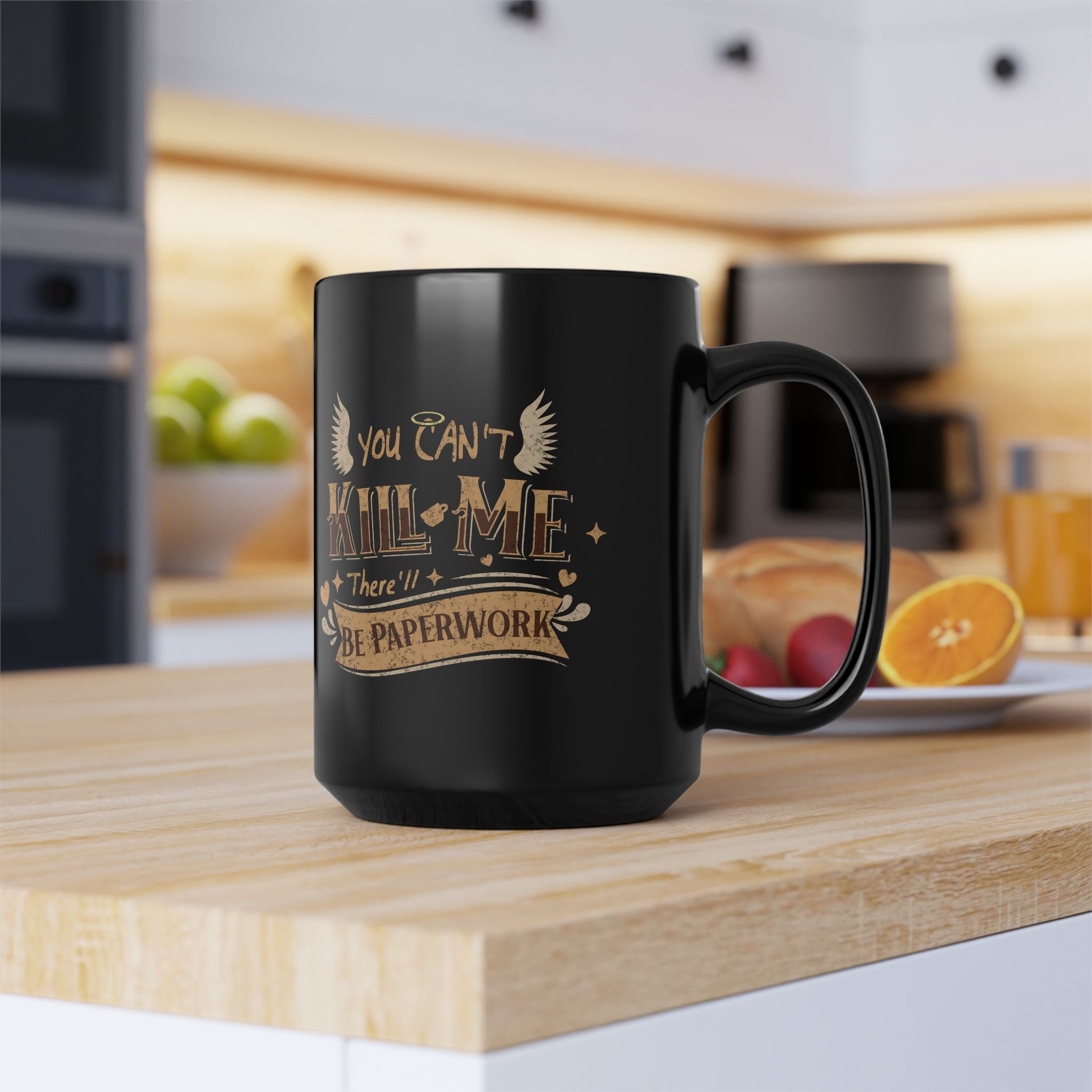 Good Omens You Can’t Kill Me There’ll Be Paperwork Mug | Crowley & Aziraphale Inspired Black Coffee Mug