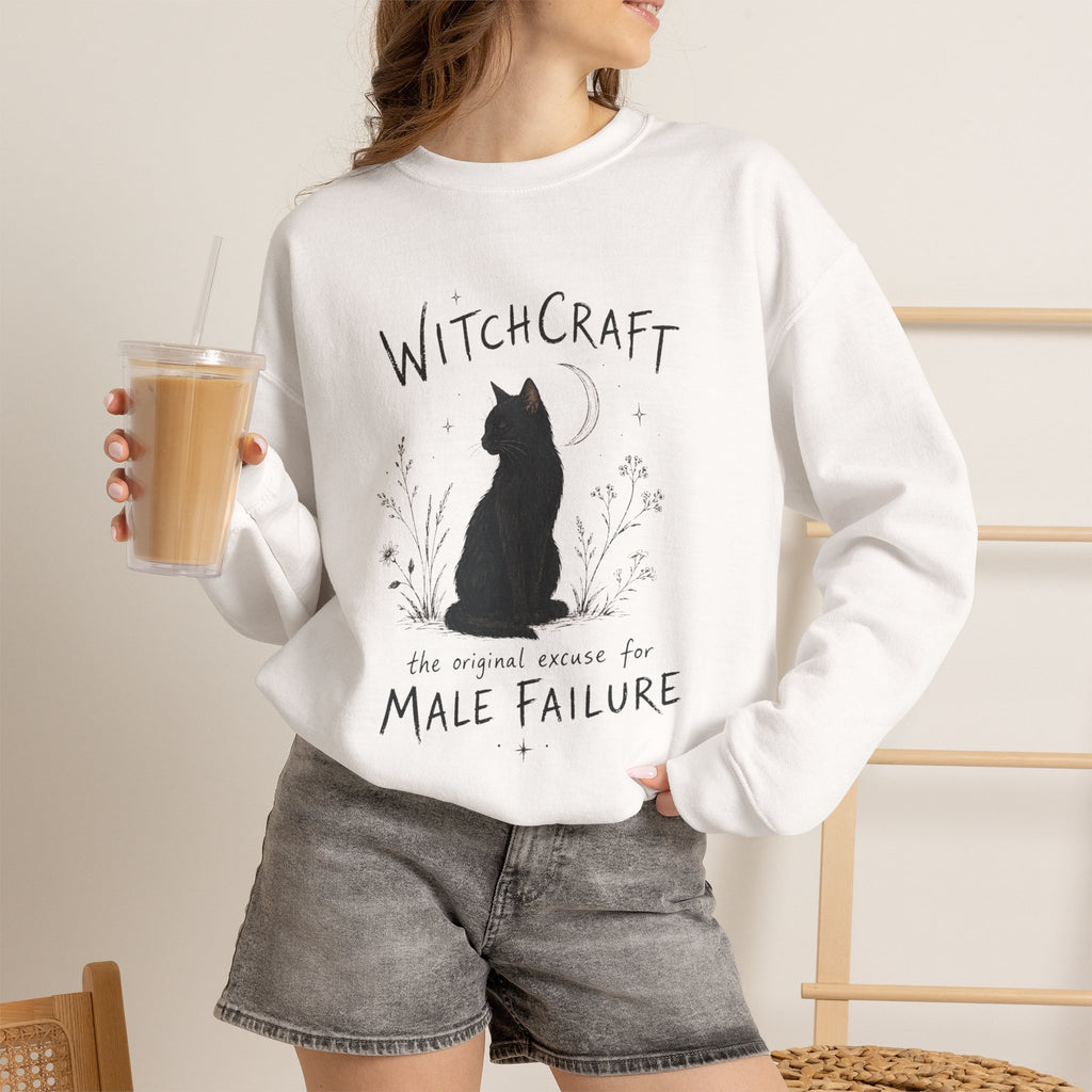 Witchcraft The Original Excuse for Male Failure graphic sweatshirt featuring Feminist Black Cat Crewneck