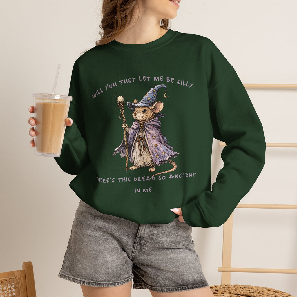 Will You Just Let Me Be Silly Sweatshirt | Wizard Mouse Sweatshirt, Whimsical Existential Humor, Cozy Fantasy Crewneck
