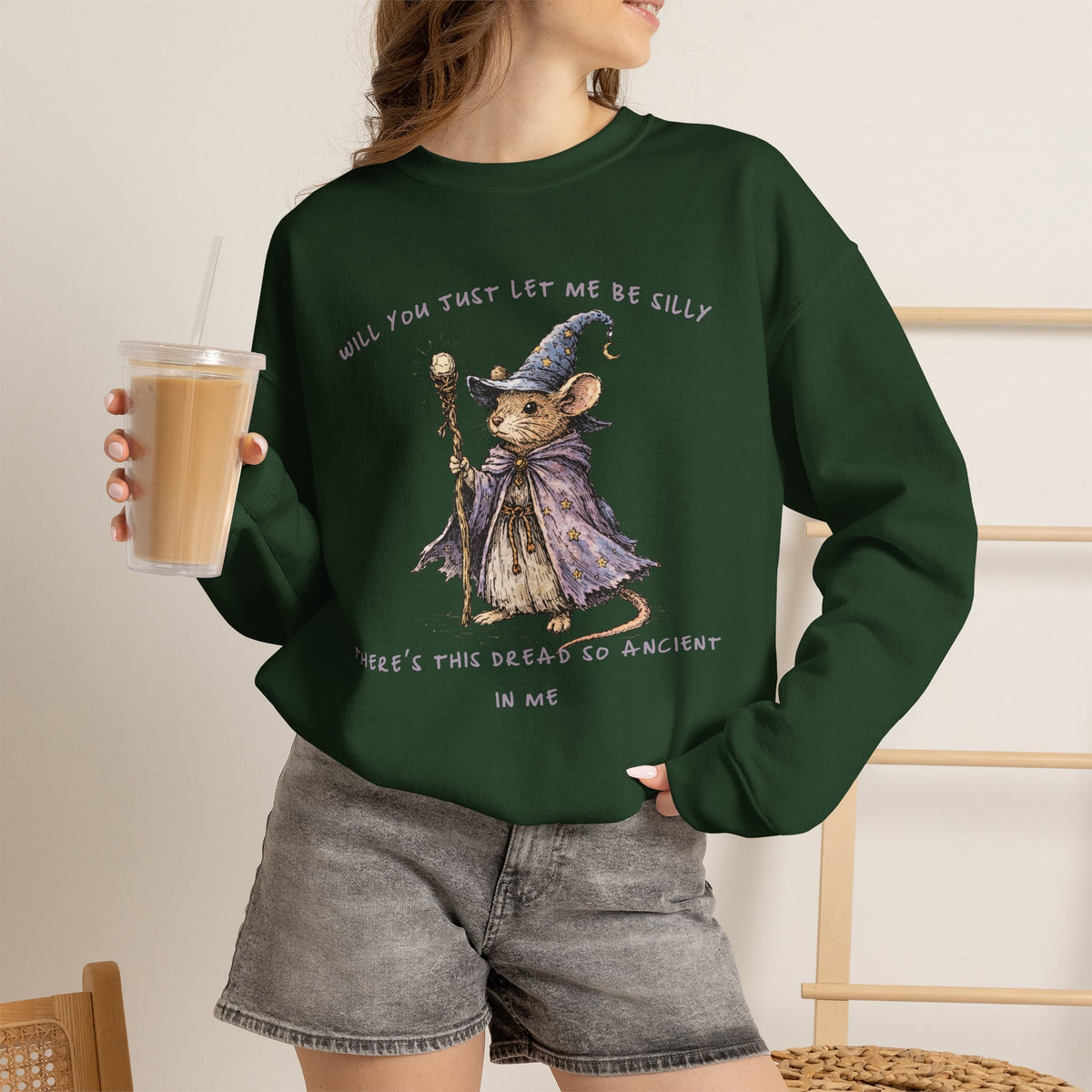 Will You Just Let Me Be Silly Sweatshirt | Wizard Mouse Sweatshirt, Whimsical Existential Humor, Cozy Fantasy Crewneck