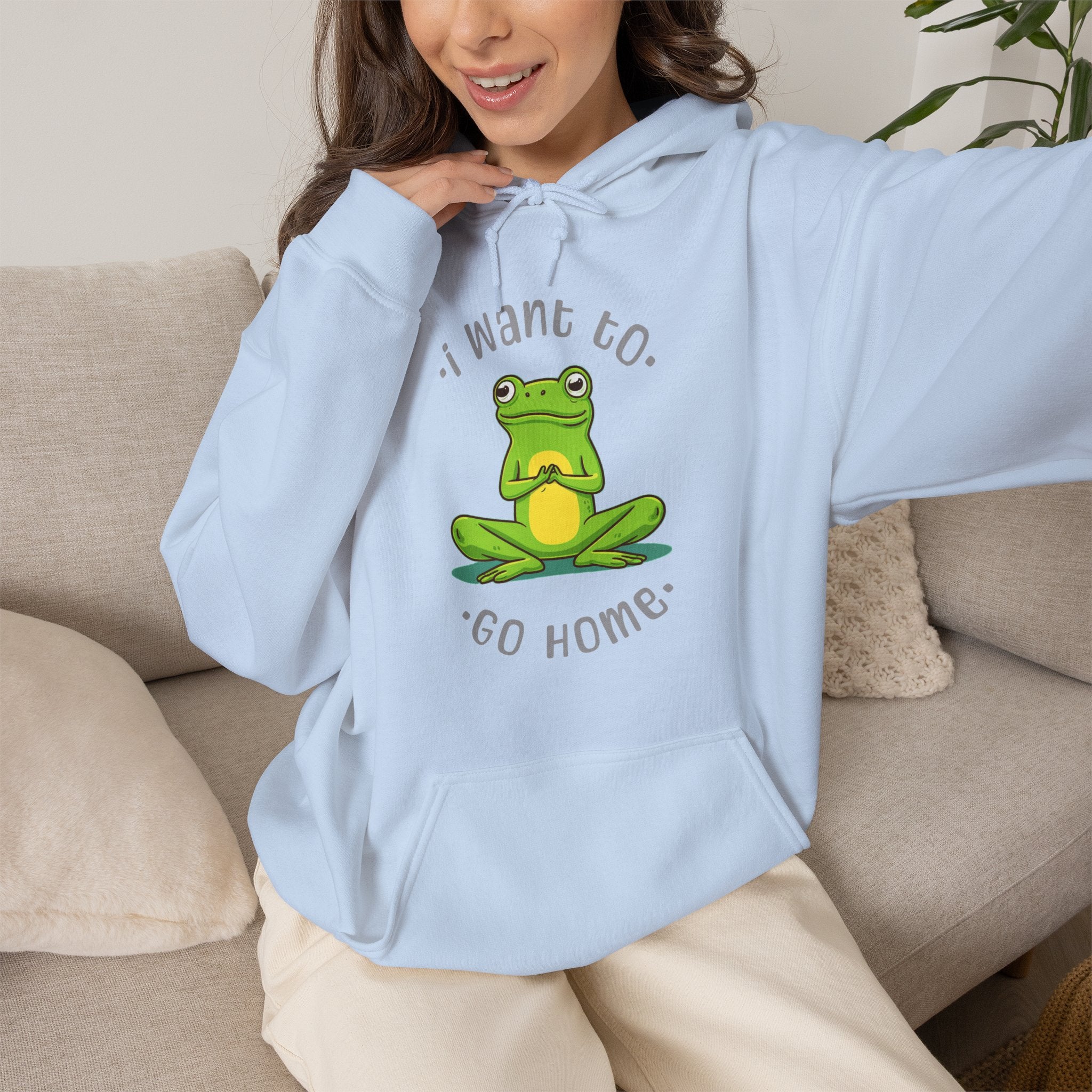 Frog "I Want to Go Home" Hoodie – Cute Cozy Graphic Sweatshirt