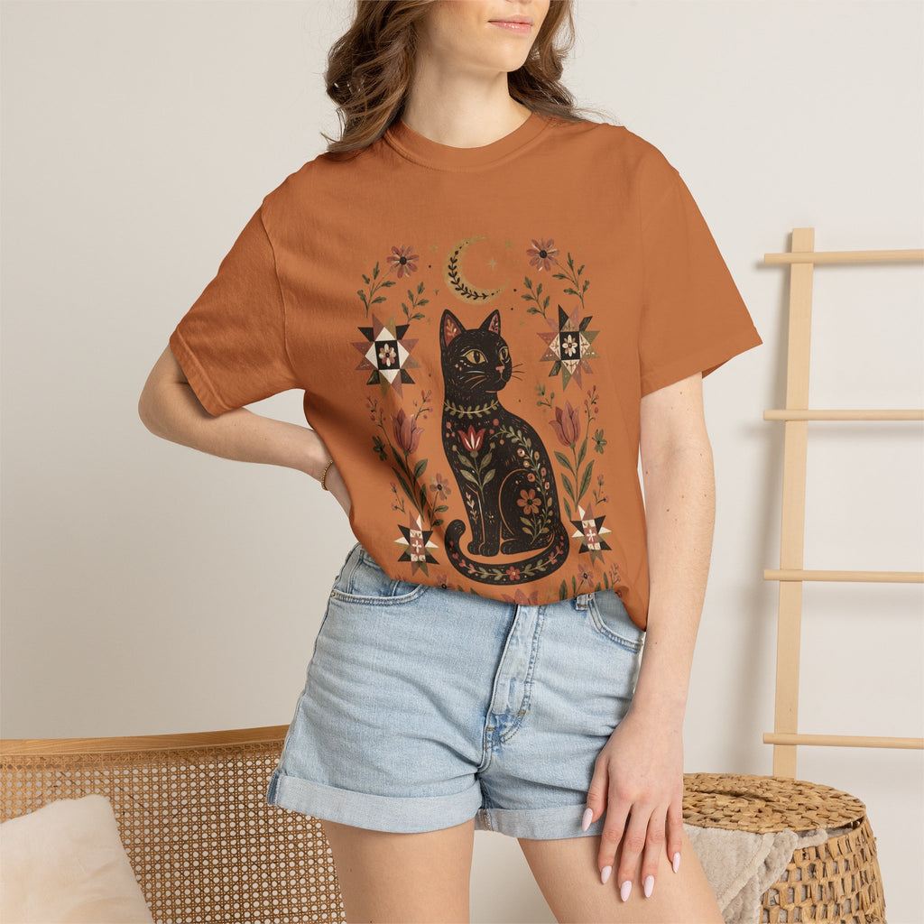 Folk Black Cat Shirt | Celestial Floral Comfort Colors Tee | Witchy Cat Shirt