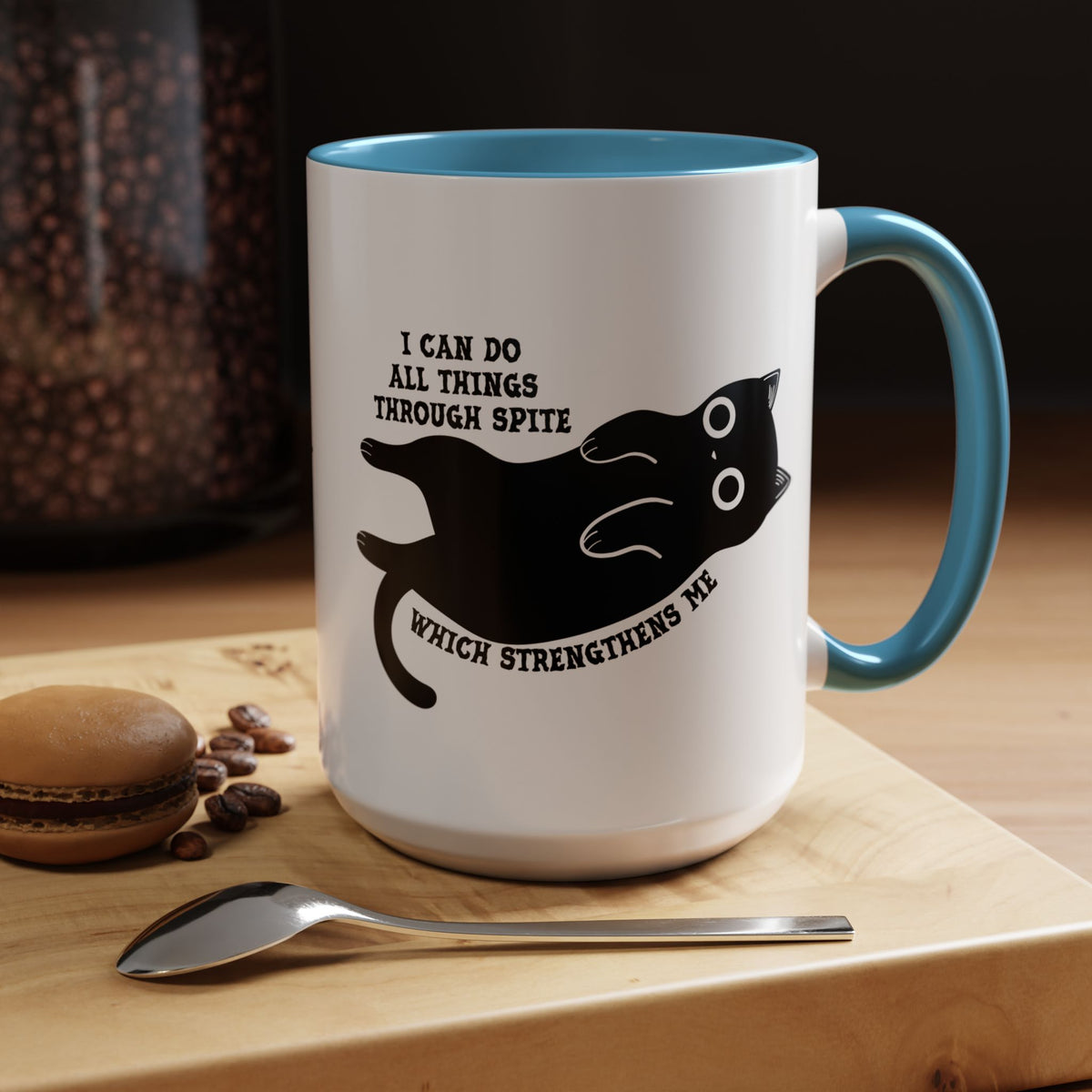 I Can Do All Things Through Spite mug featuring Funny Black Cat 15 oz Coffee Mug