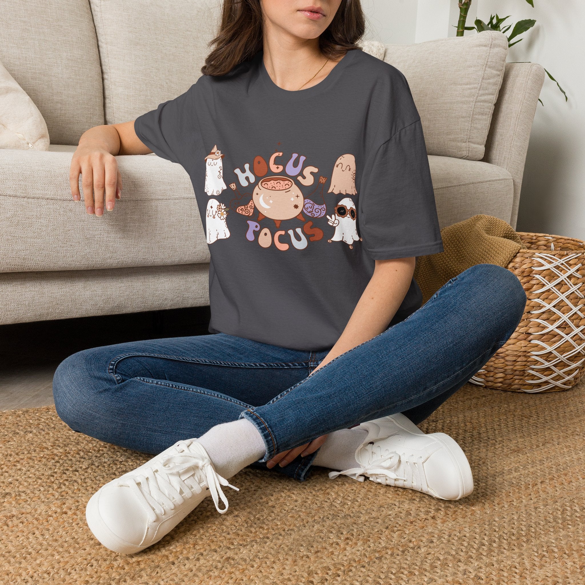 Hocus Pocus Cute Witch Crewneck T‑Shirt — Pastel Halloween Cat & Cauldron Tee