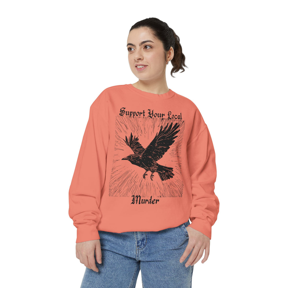Support Your Local Murder graphic sweatshirt featuring Crow Linocut Sweater