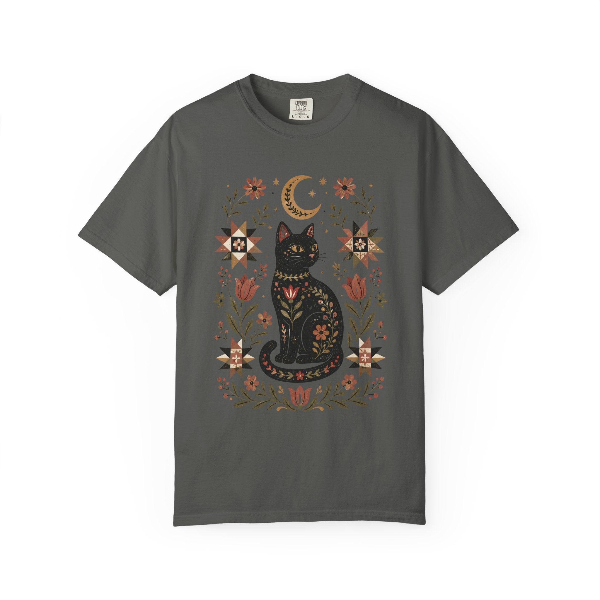 Folk Black Cat Shirt | Celestial Floral Comfort Colors Tee | Witchy Cat Shirt
