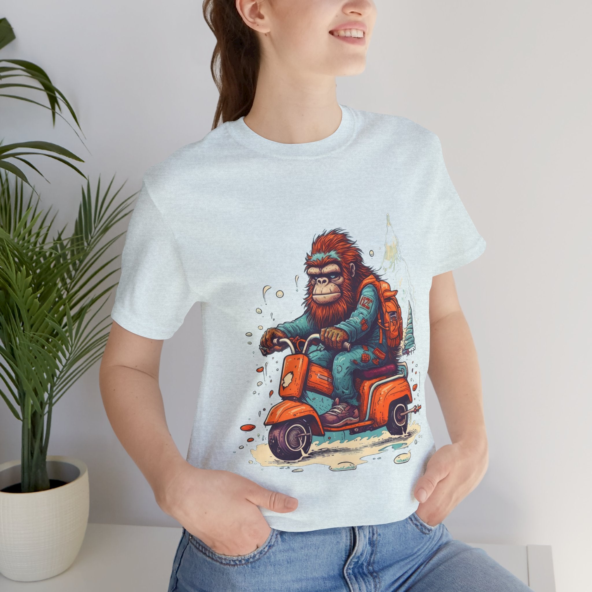 Bigfoot Scooter Graphic Tee — Retro Bigfoot Riding Vespa Adventure T-Shirt