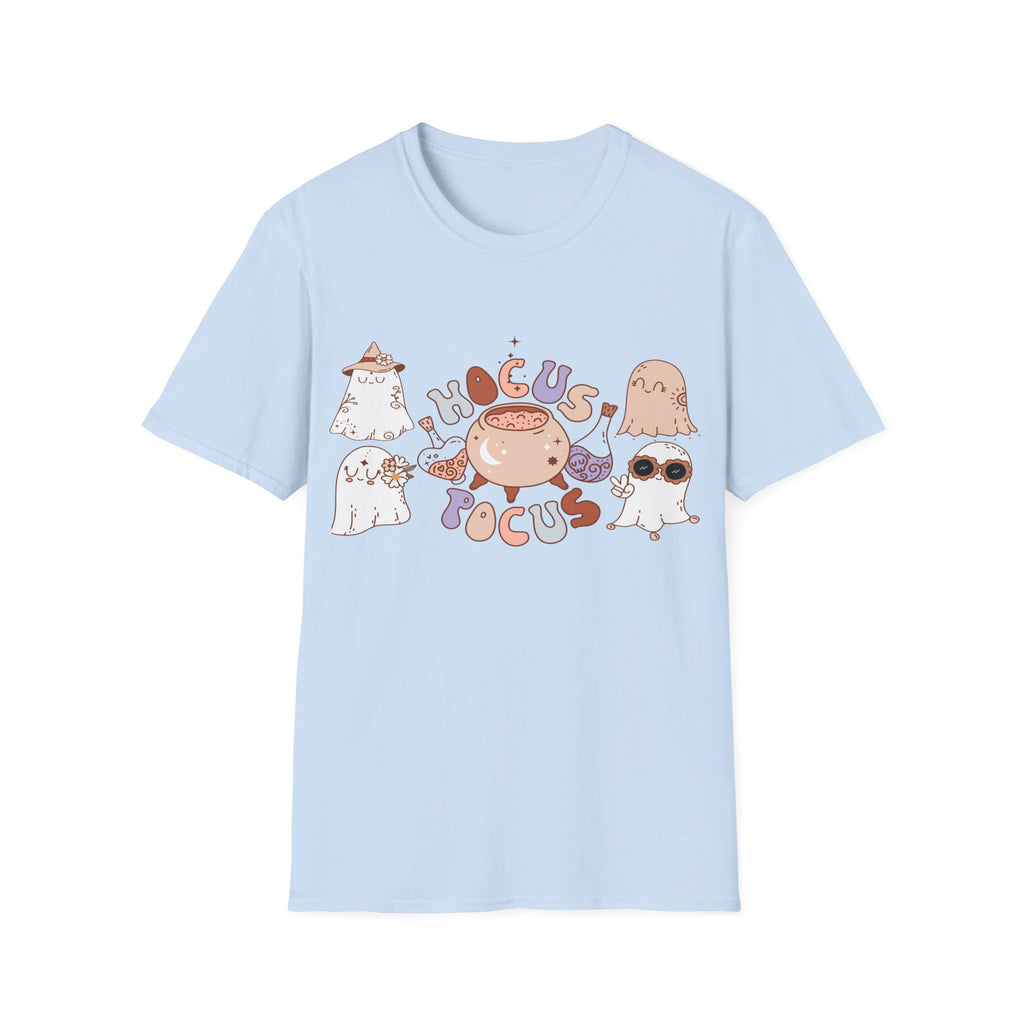 Hocus Pocus Cute Witch Crewneck T‑Shirt — Pastel Halloween Cat & Cauldron Tee