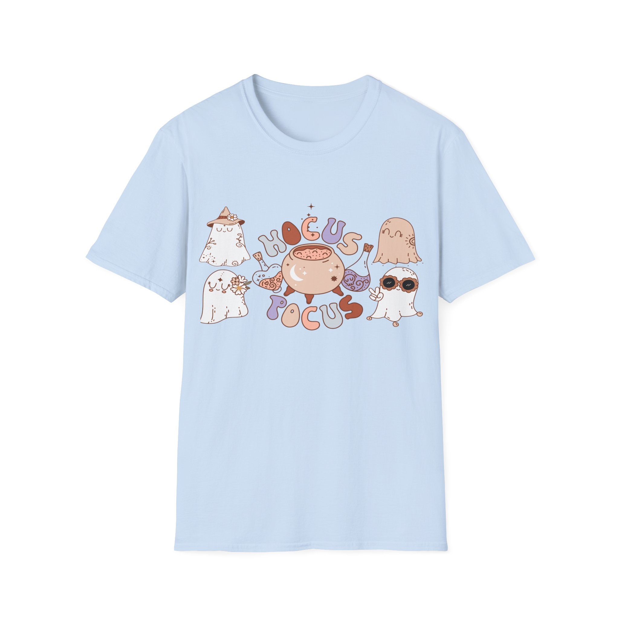 Hocus Pocus Cute Witch Crewneck T‑Shirt — Pastel Halloween Cat & Cauldron Tee