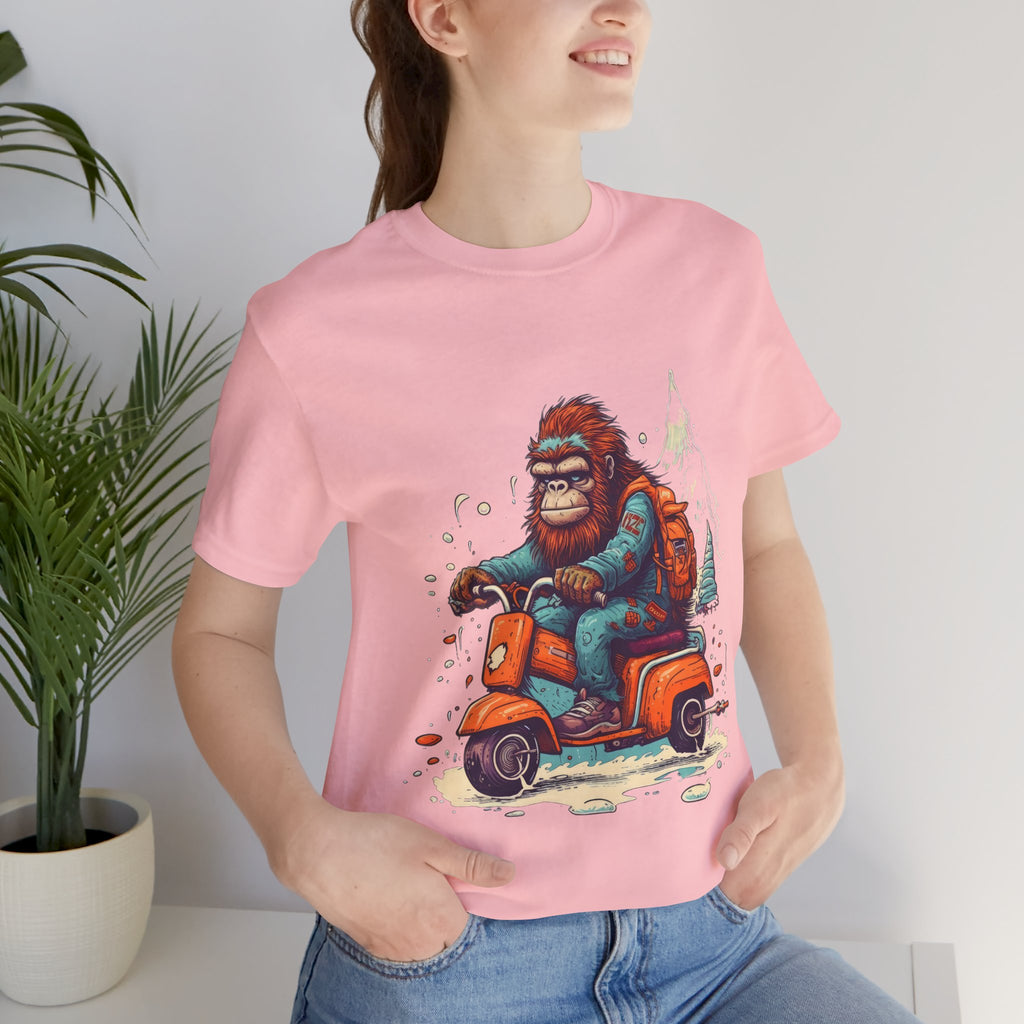 Bigfoot Scooter Graphic Tee — Retro Bigfoot Riding Vespa Adventure T-Shirt
