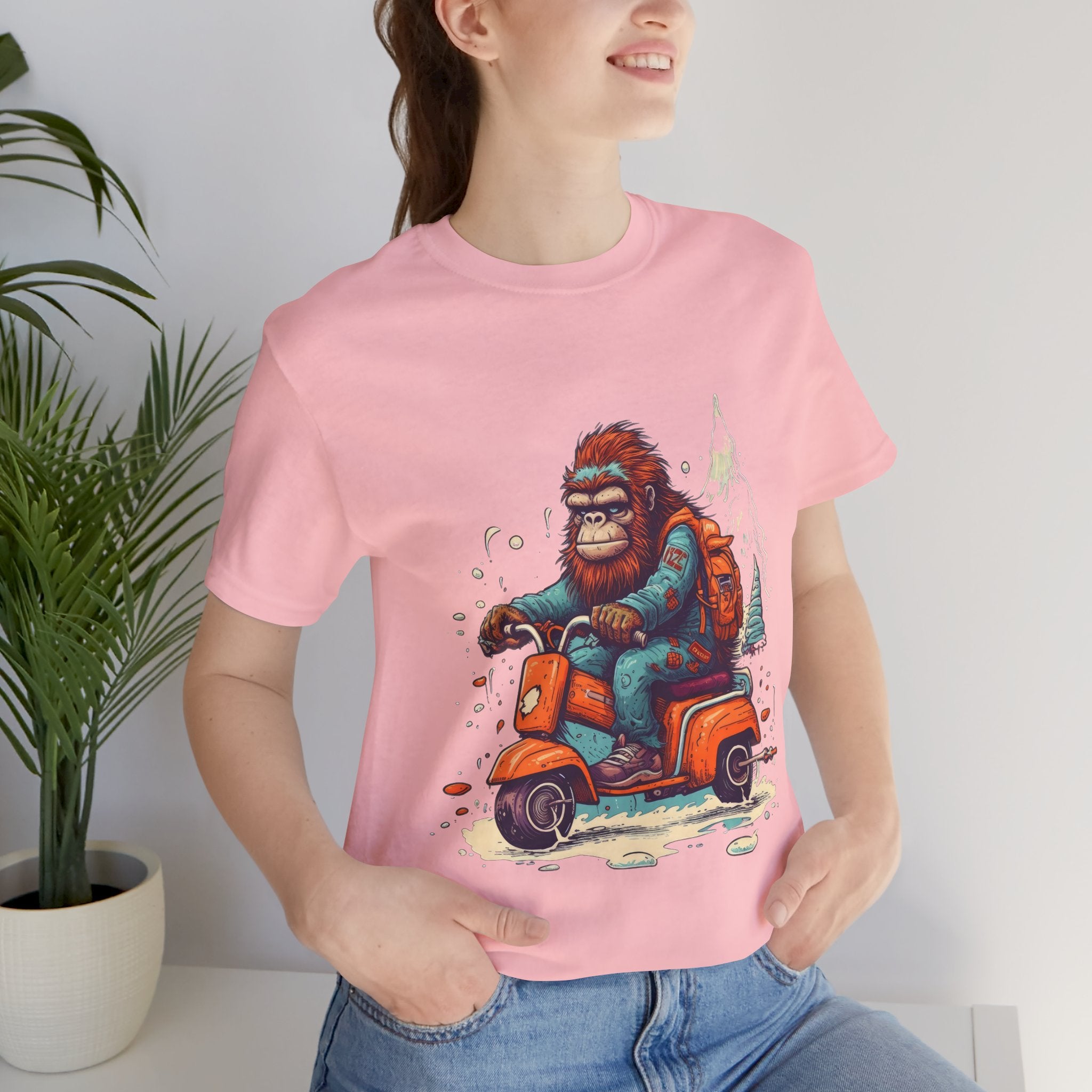 Bigfoot Scooter Graphic Tee — Retro Bigfoot Riding Vespa Adventure T-Shirt