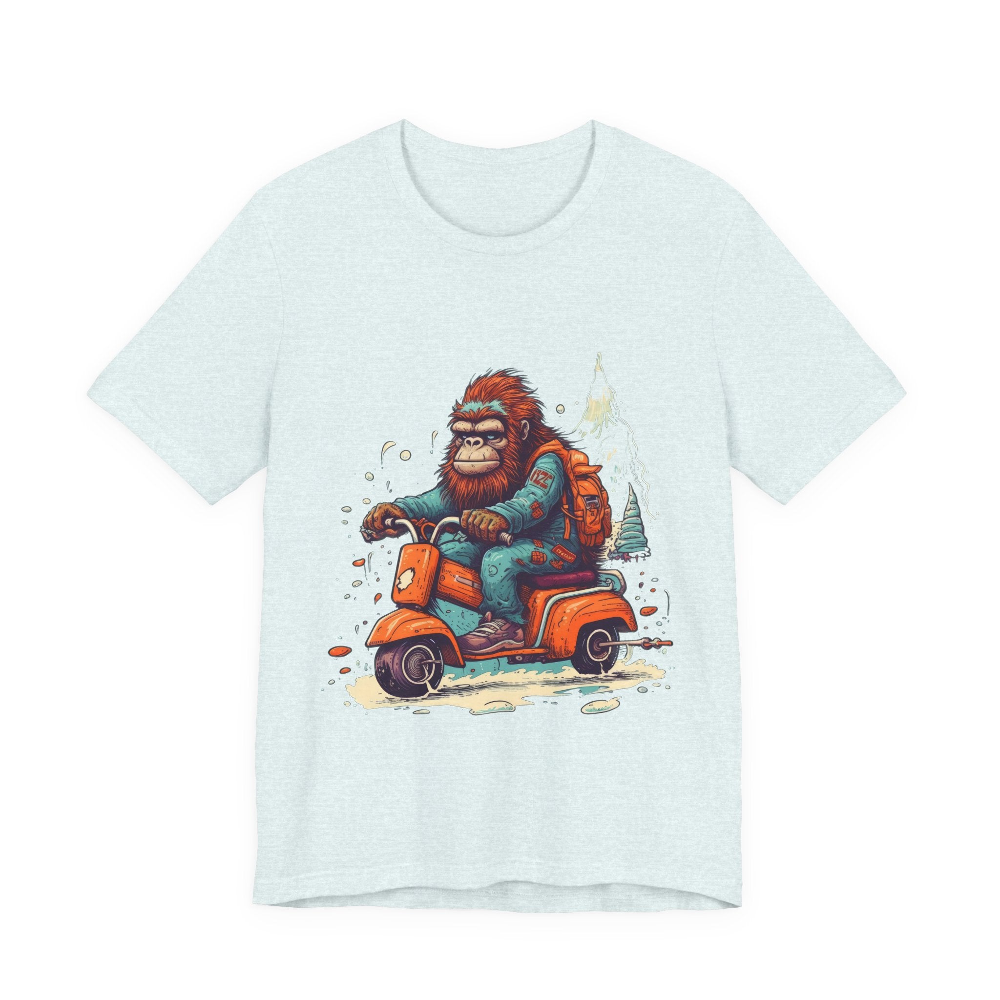 Bigfoot Scooter Graphic Tee — Retro Bigfoot Riding Vespa Adventure T-Shirt