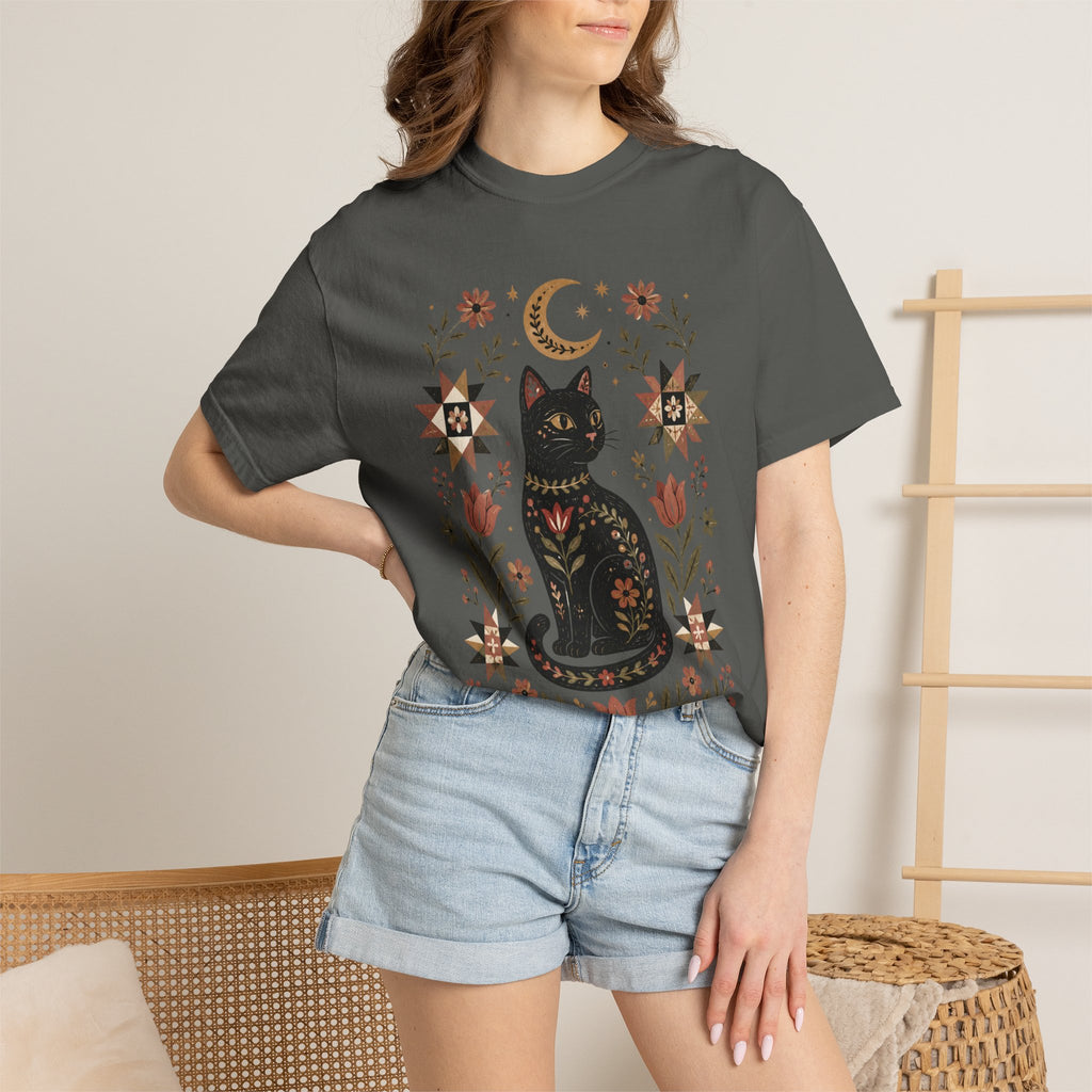 Folk Black Cat Shirt | Celestial Floral Comfort Colors Tee | Witchy Cat Shirt