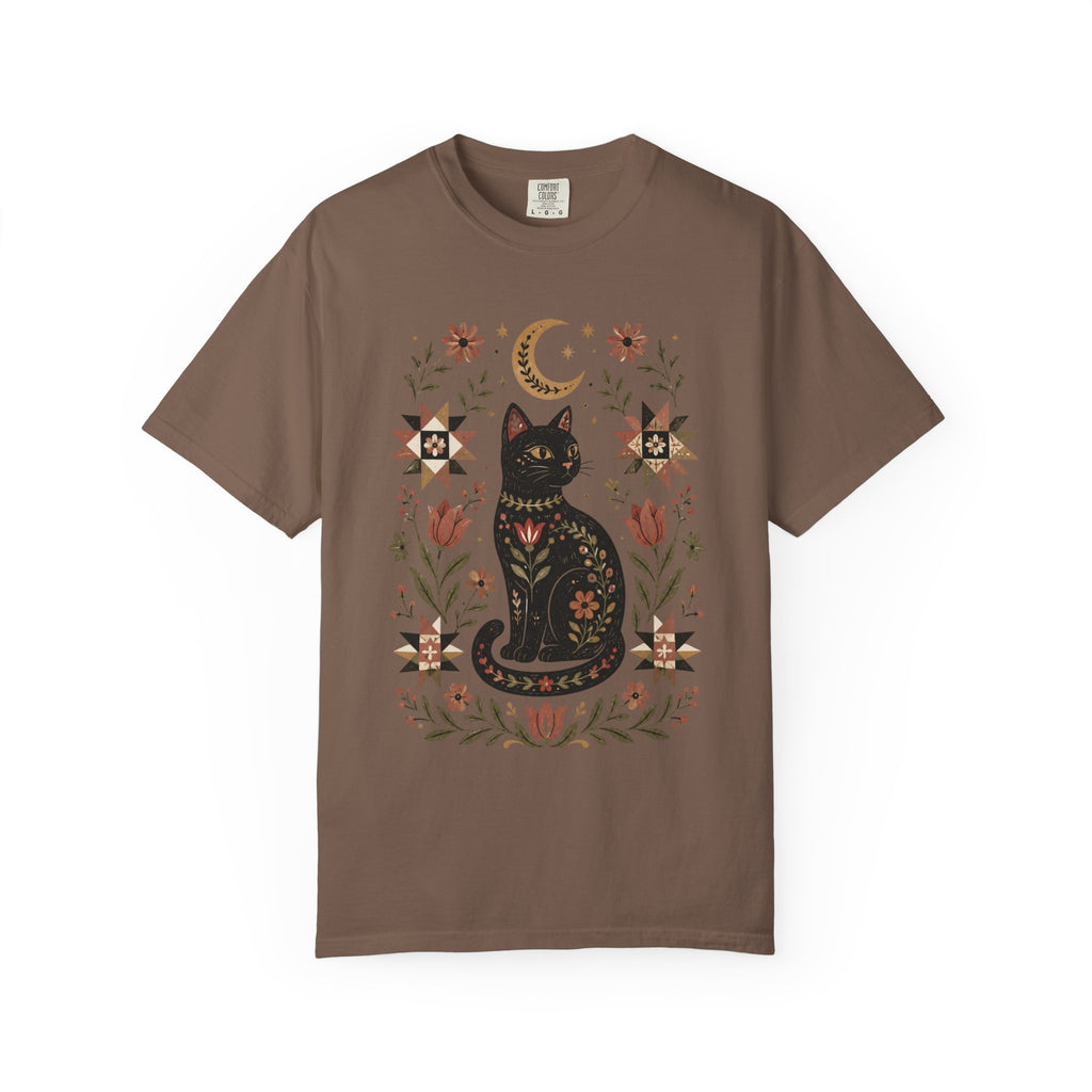 Witchy Black Cat graphic shirt featuring Folk Art Floral Comfort Colors Tee