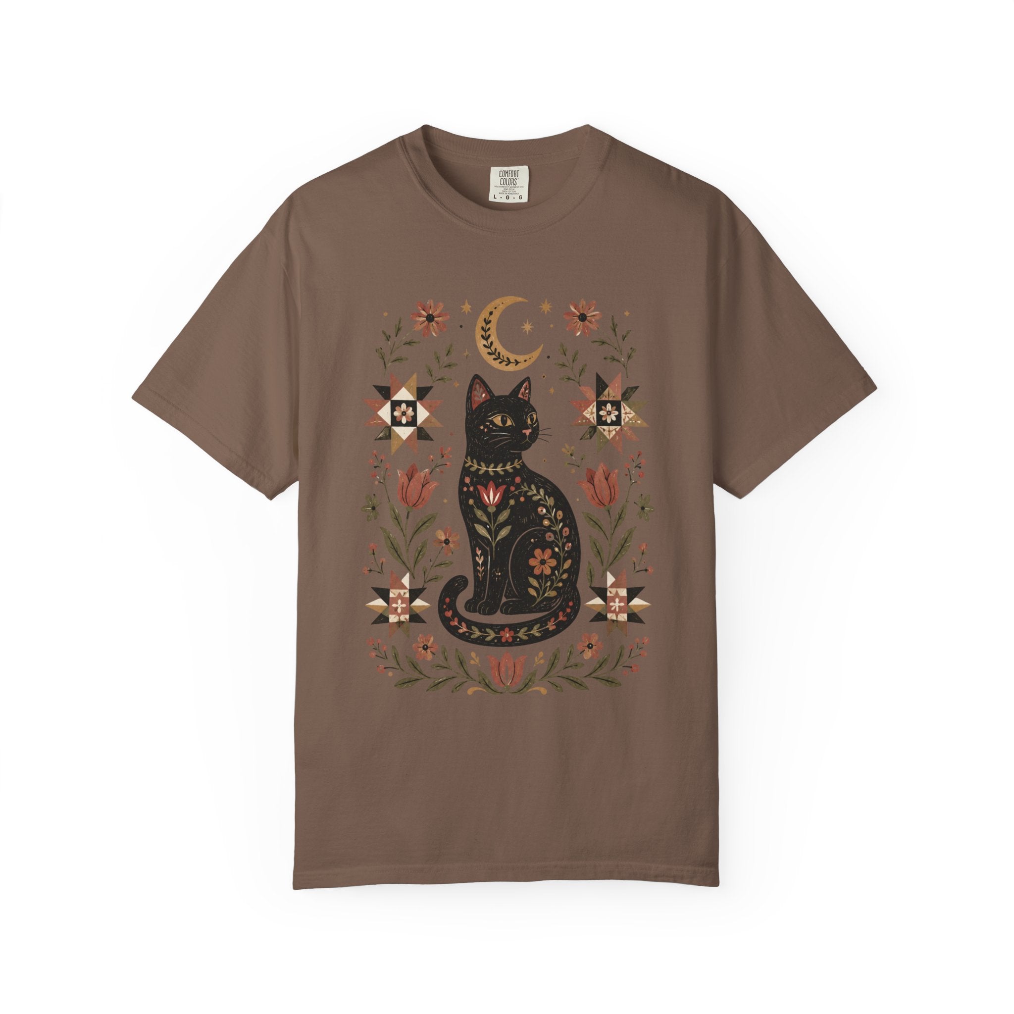 Folk Black Cat Shirt | Celestial Floral Comfort Colors Tee | Witchy Cat Shirt