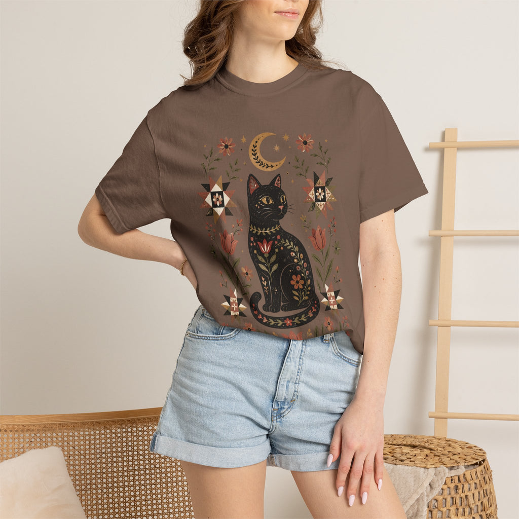 Folk Black Cat Shirt | Celestial Floral Comfort Colors Tee | Witchy Cat Shirt