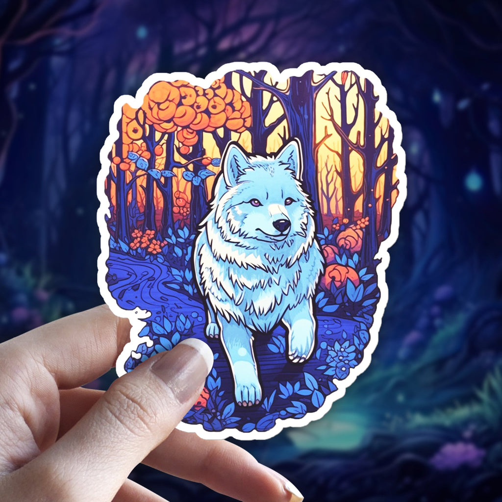 Samoyed Sticker: Mystical Forest Dog Art, Fantasy Laptop Decal