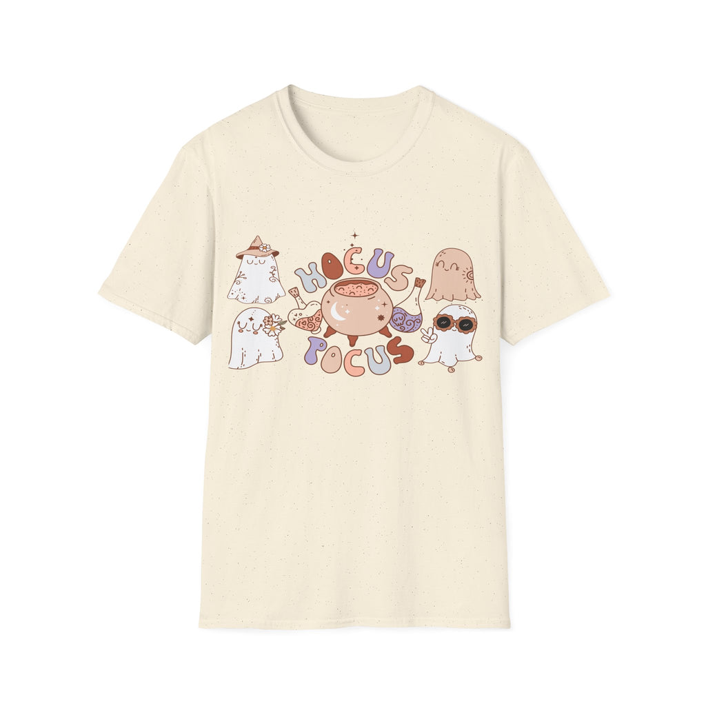 Hocus Pocus Cute Witch Crewneck T‑Shirt — Pastel Halloween Cat & Cauldron Tee