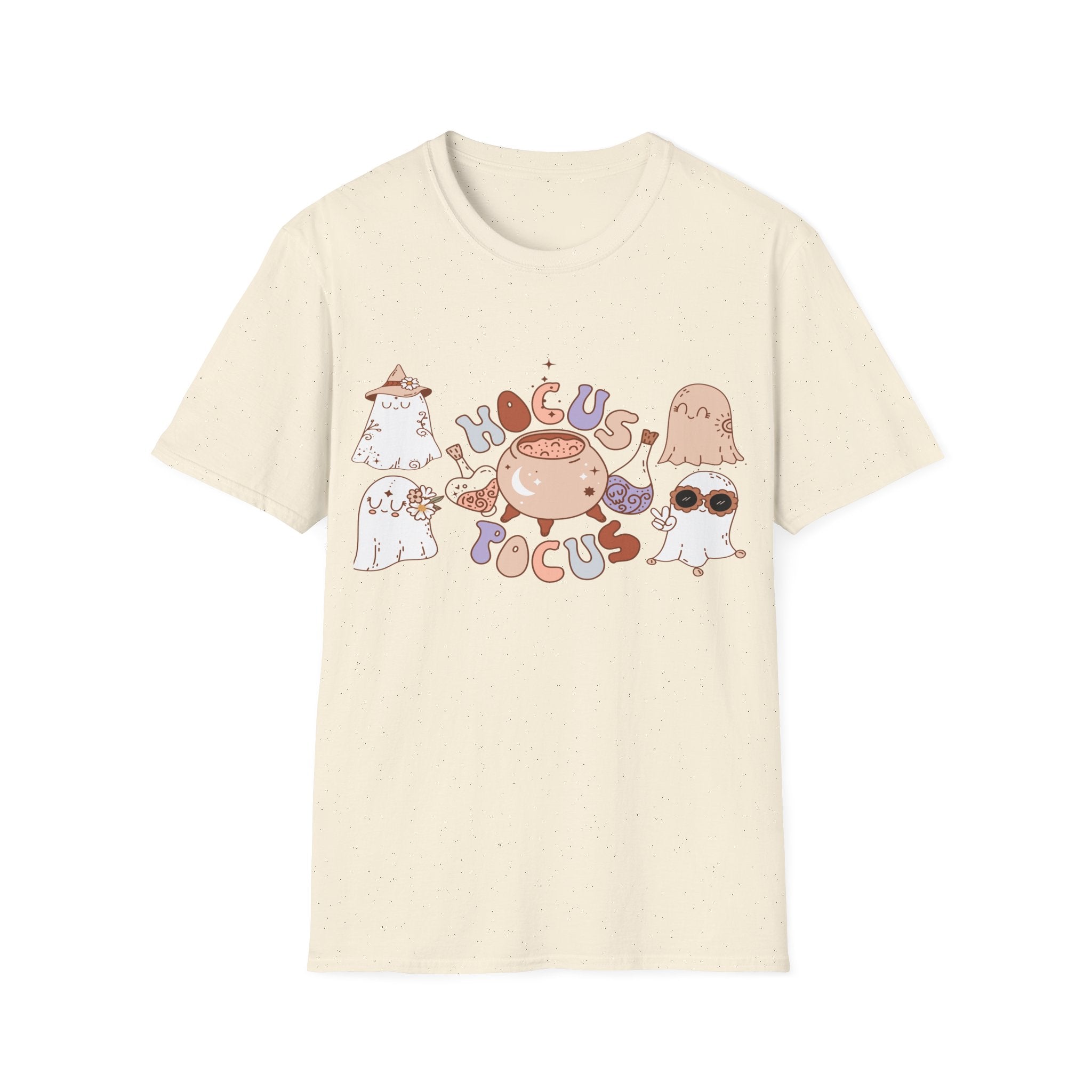 Hocus Pocus Cute Witch Crewneck T‑Shirt — Pastel Halloween Cat & Cauldron Tee