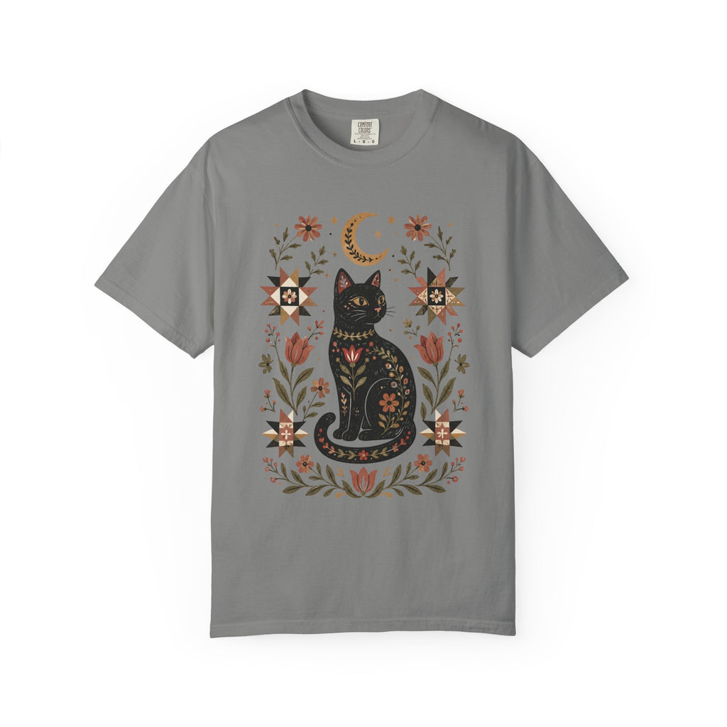 Folk Black Cat Shirt | Celestial Floral Comfort Colors Tee | Witchy Cat Shirt