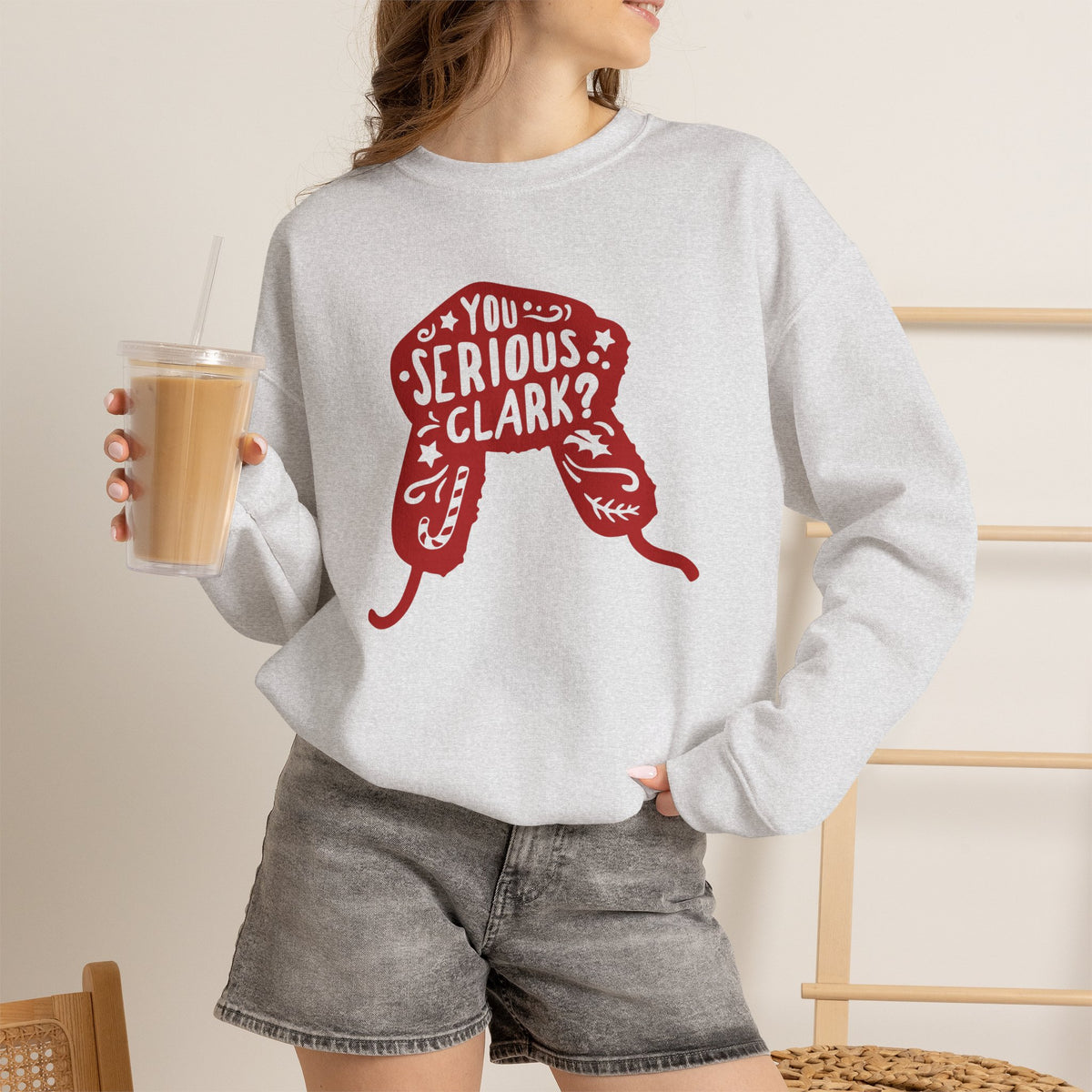 Crewneck Sweatshirt graphic sweatshirt featuring “You Serious, Clark?” Red Trapper Hat in Ash