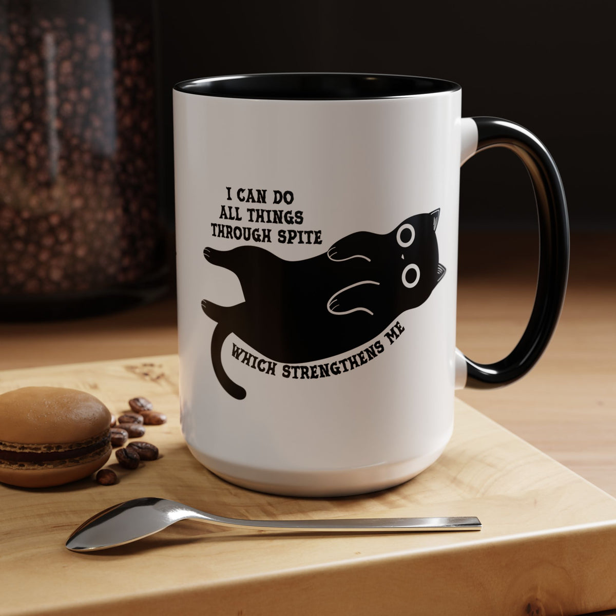 I Can Do All Things Through Spite mug featuring Funny Black Cat 15 oz Coffee Mug