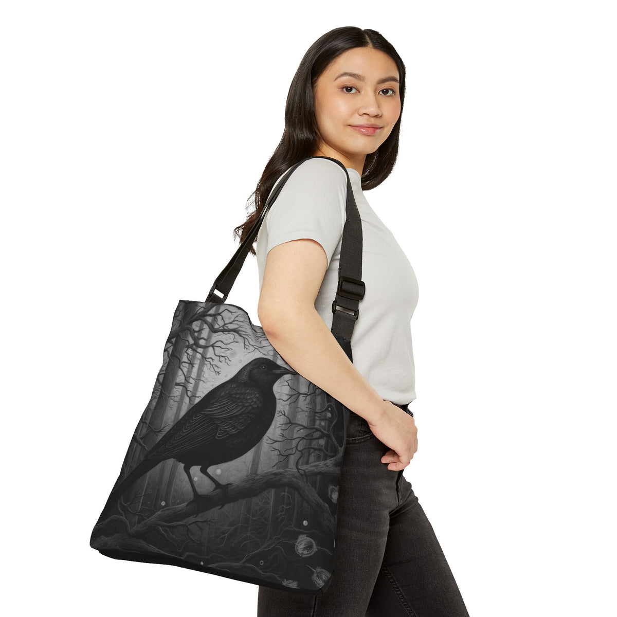 Raven Forest tote bag featuring Gothic Crow Zipper Tote