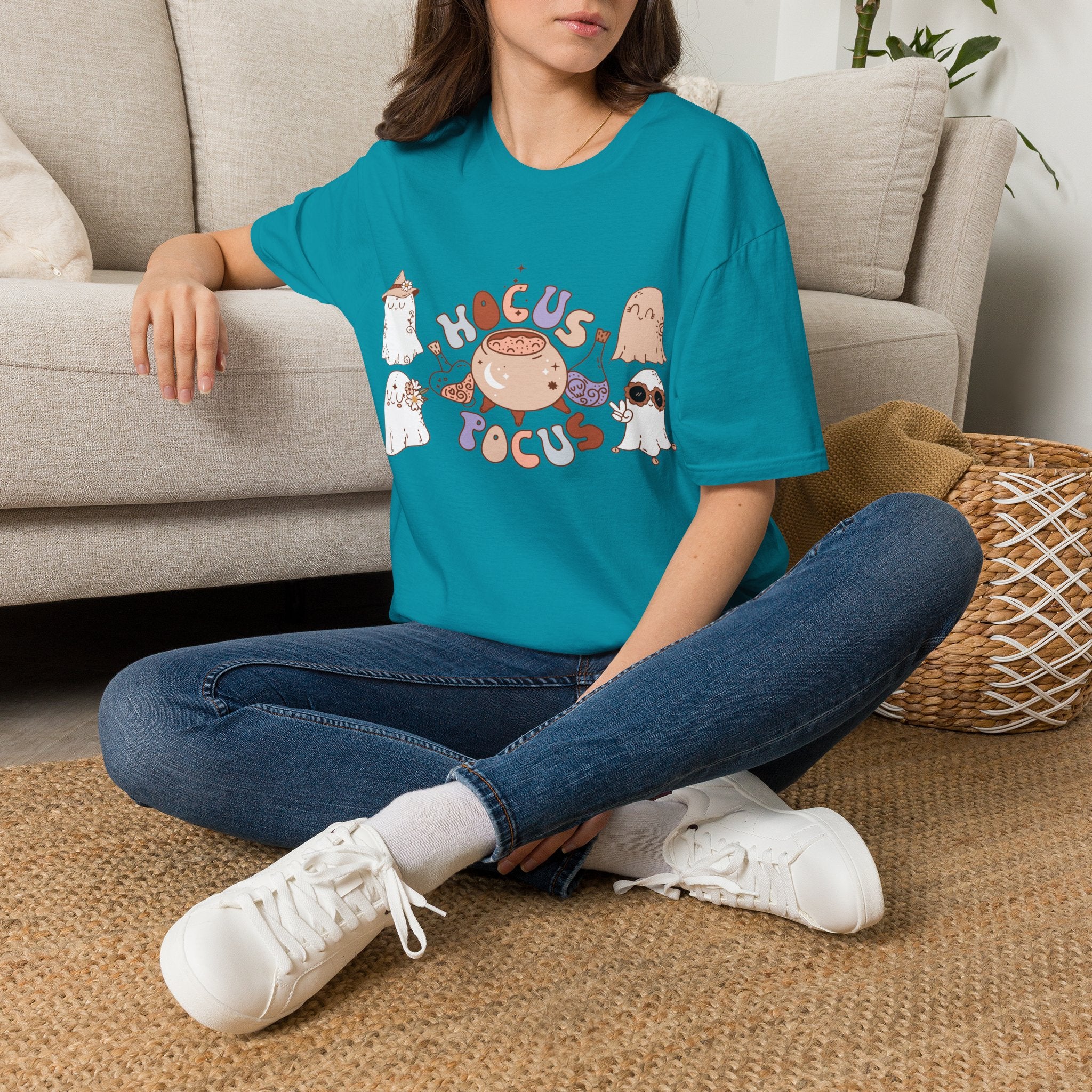 Hocus Pocus Cute Witch Crewneck T‑Shirt — Pastel Halloween Cat & Cauldron Tee