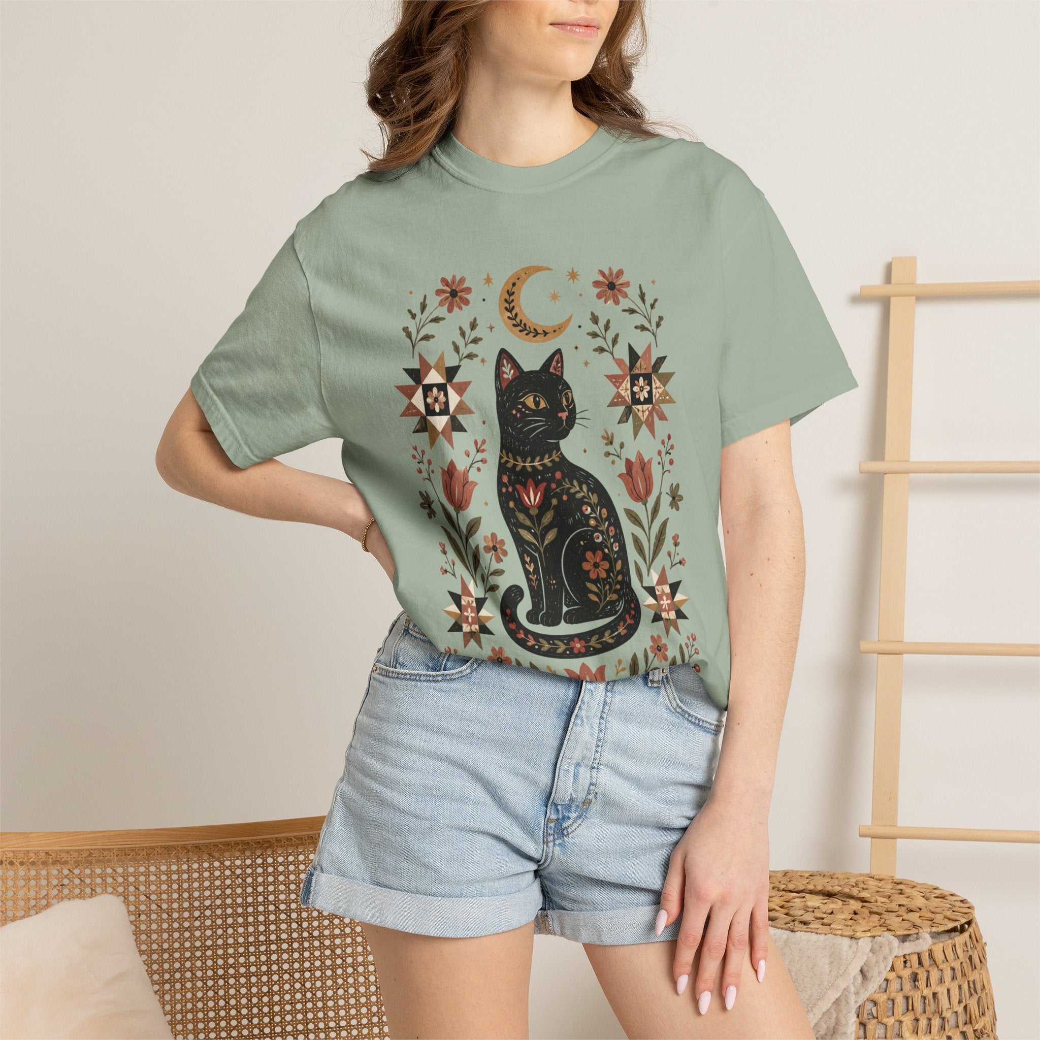 Folk Black Cat Shirt | Celestial Floral Comfort Colors Tee | Witchy Cat Shirt