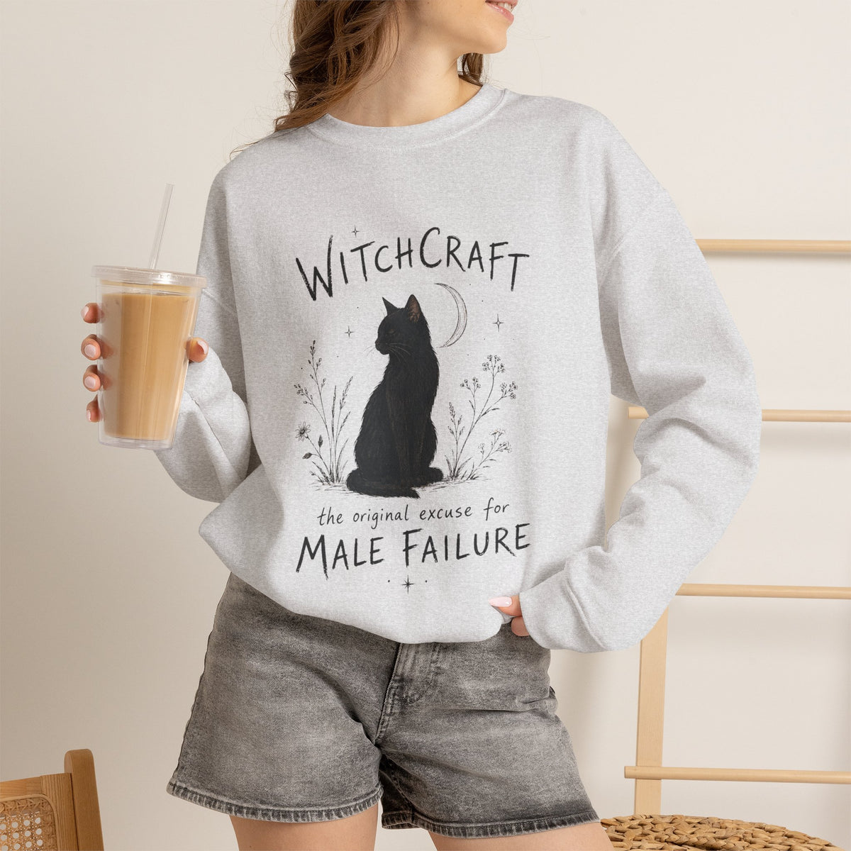 Witchcraft The Original Excuse for Male Failure graphic sweatshirt featuring Feminist Black Cat Crewneck