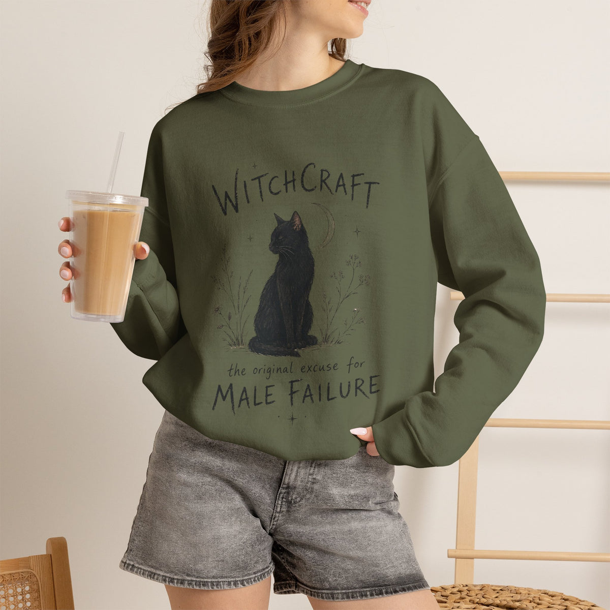 Witchcraft The Original Excuse for Male Failure graphic sweatshirt featuring Feminist Black Cat Crewneck