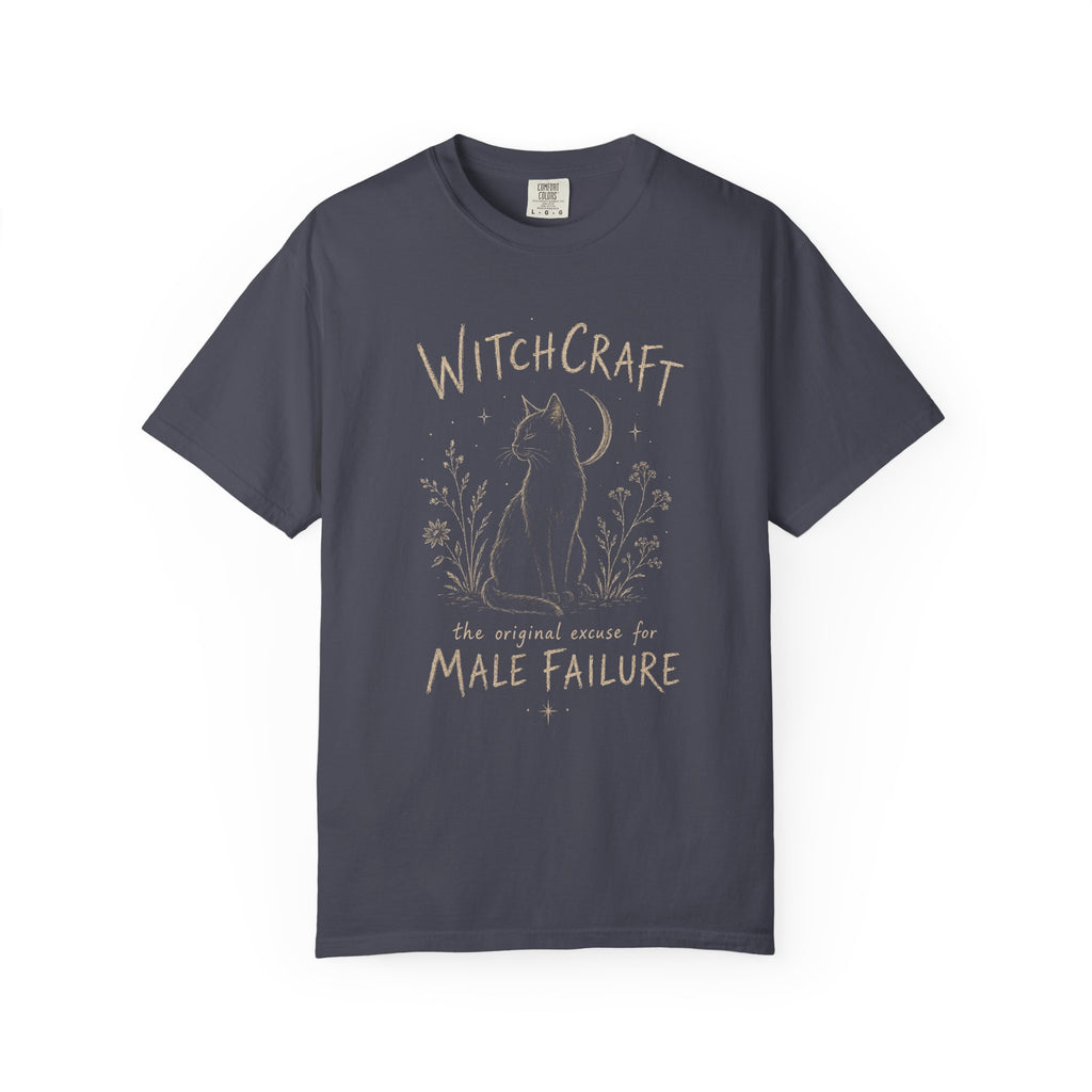Witchcraft Cat graphic shirt featuring 'The Original Excuse for Male Failure'