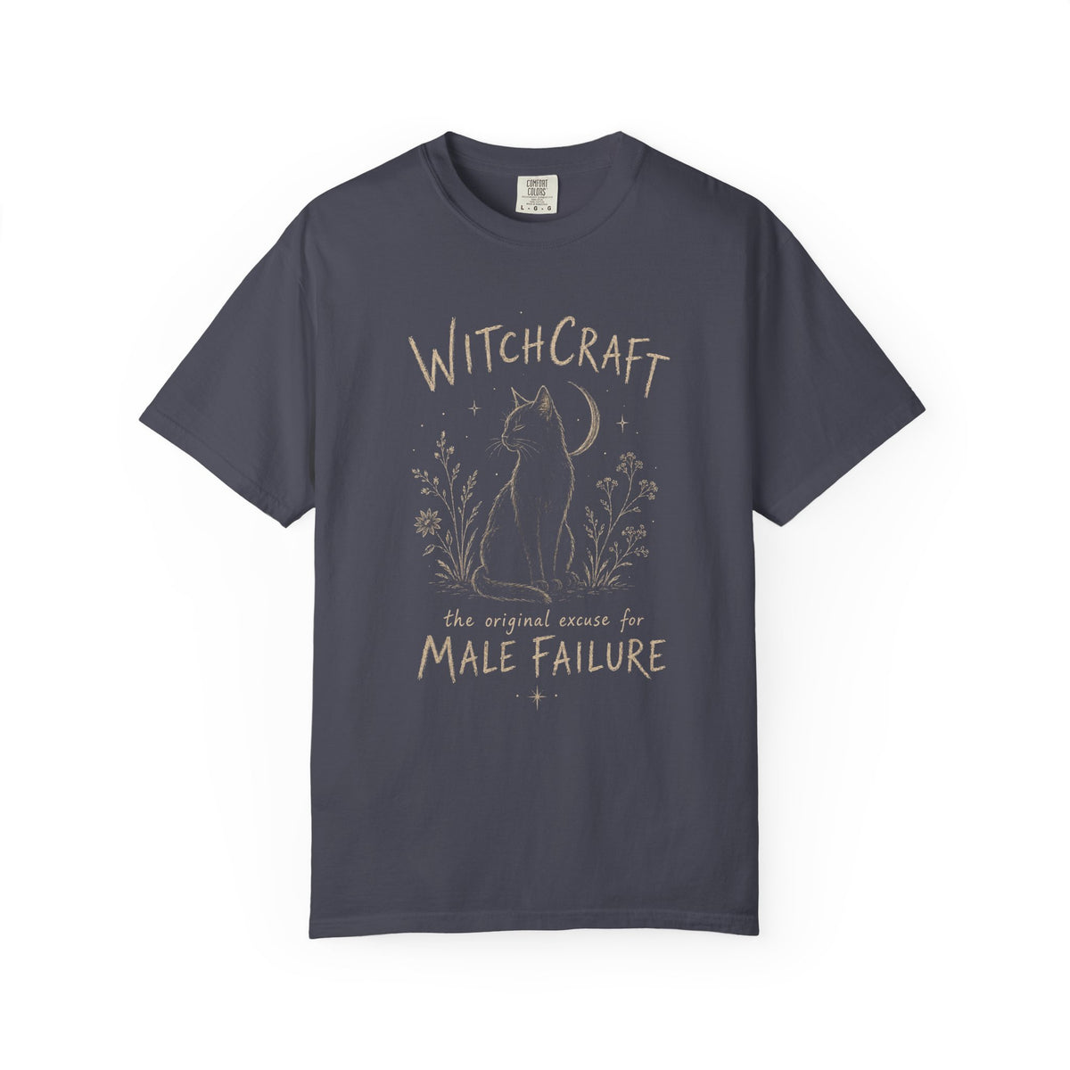 Witchcraft Cat graphic shirt featuring 'The Original Excuse for Male Failure'