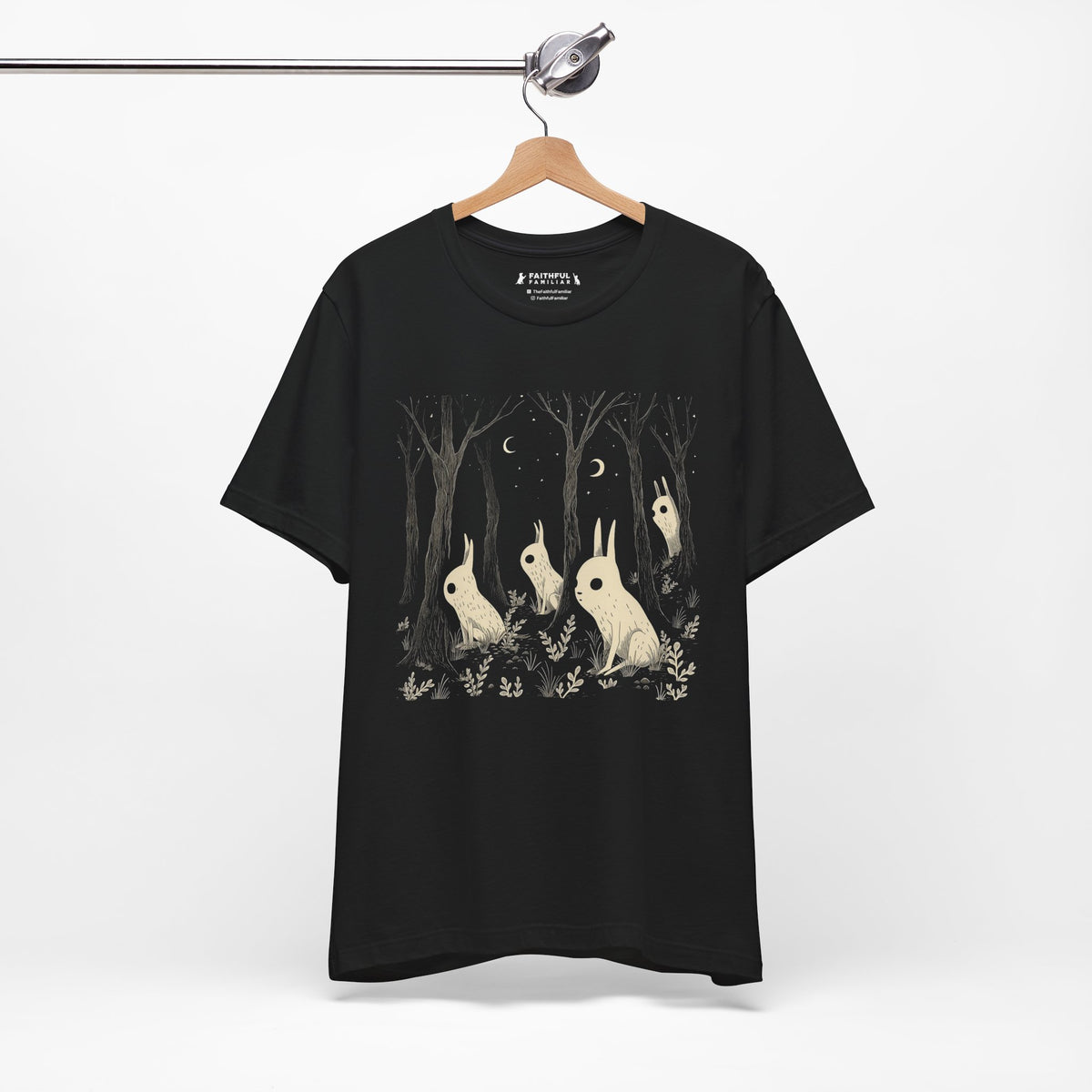 Forest Moon Rabbits graphic shirt featuring Nighttime Woodland Bunny Graphic Tee