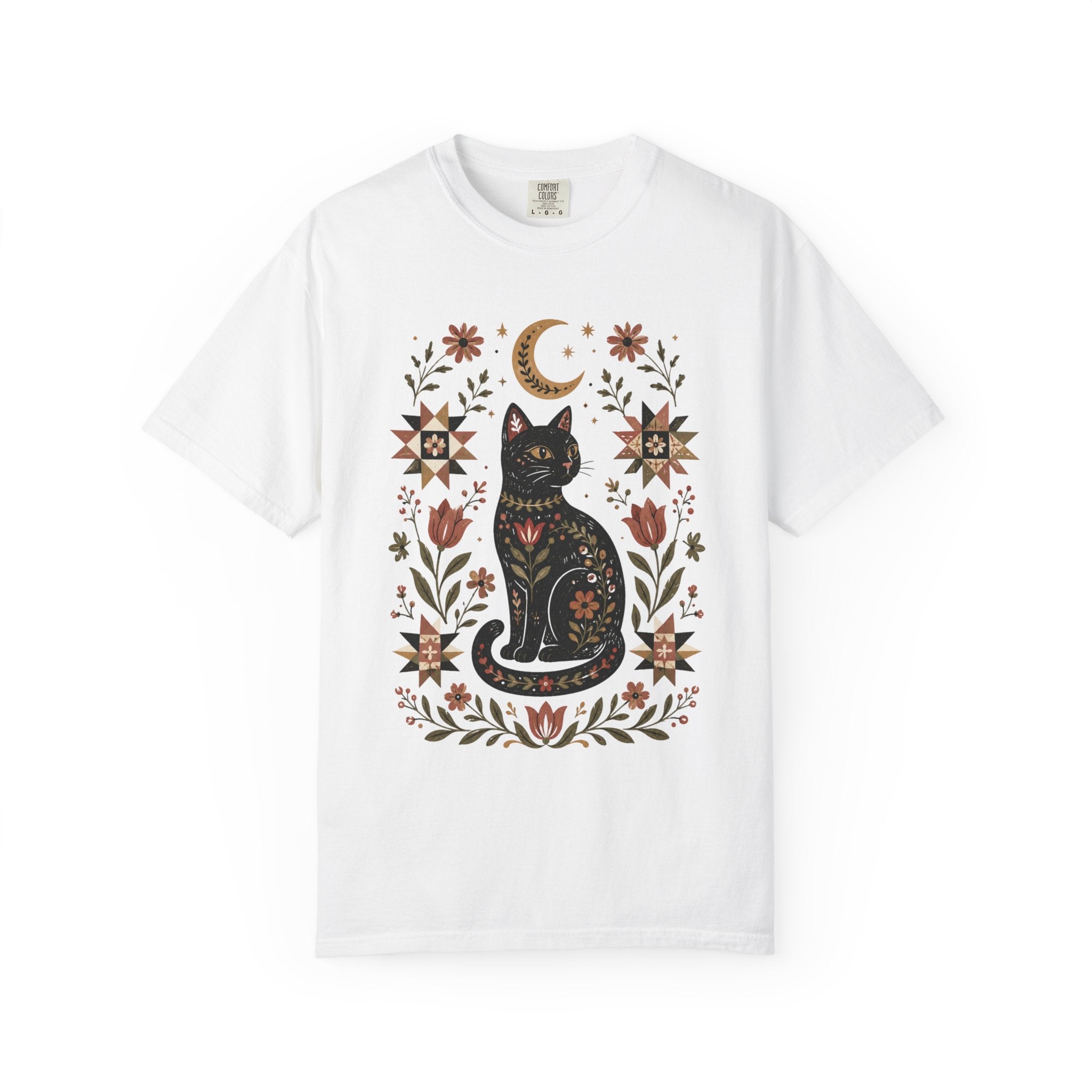 Folk Black Cat Shirt | Celestial Floral Comfort Colors Tee | Witchy Cat Shirt