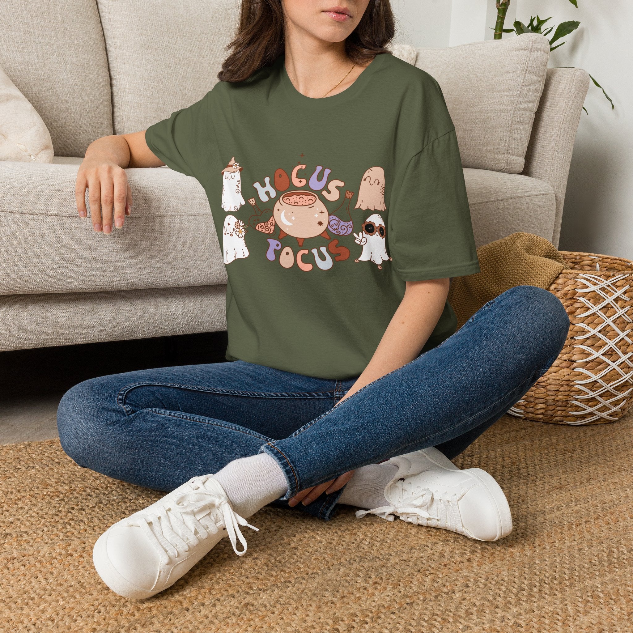 Hocus Pocus Cute Witch Crewneck T‑Shirt — Pastel Halloween Cat & Cauldron Tee