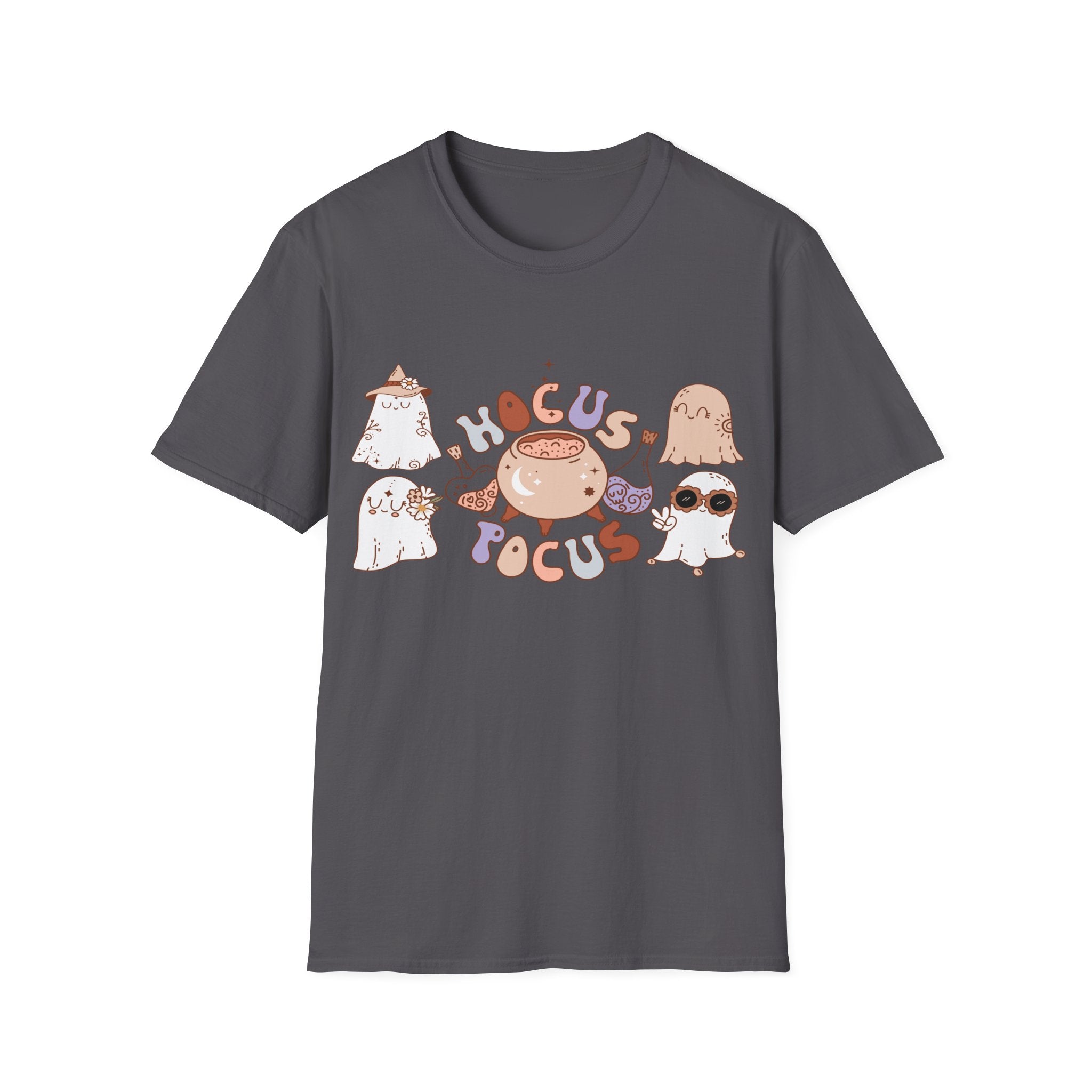 Hocus Pocus Cute Witch Crewneck T‑Shirt — Pastel Halloween Cat & Cauldron Tee