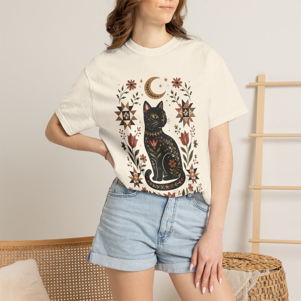 Folk Black Cat Shirt | Celestial Floral Comfort Colors Tee | Witchy Cat Shirt