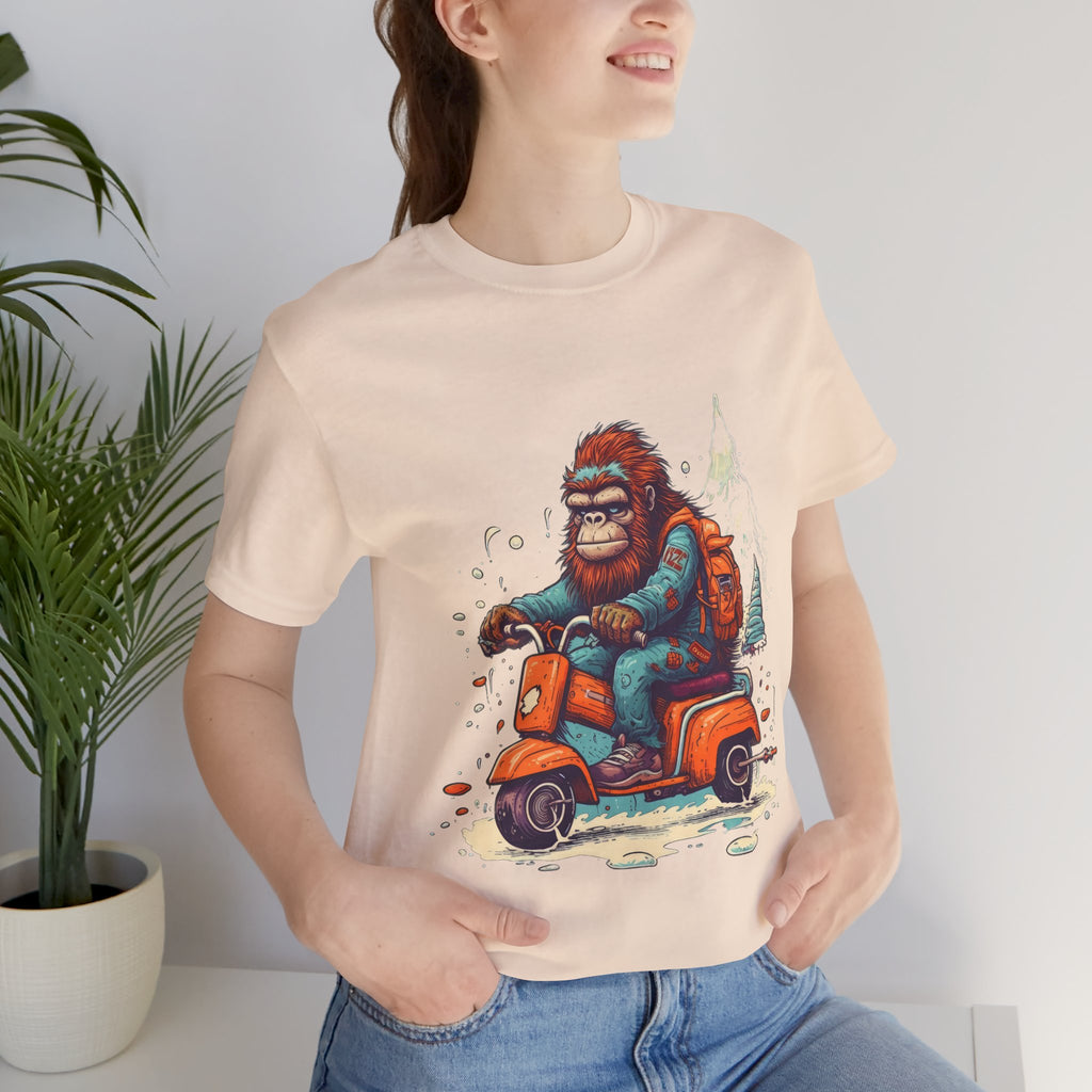 Bigfoot Scooter Graphic Tee — Retro Bigfoot Riding Vespa Adventure T-Shirt