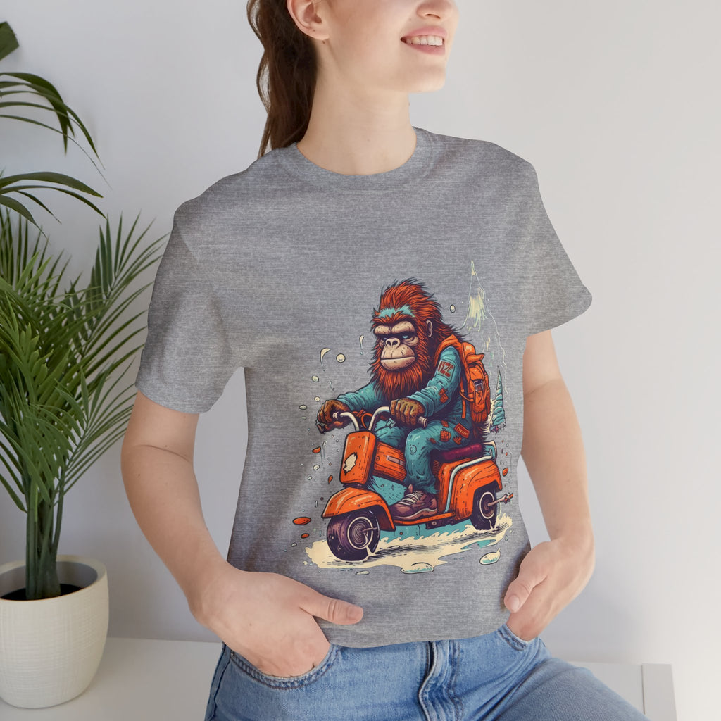 Bigfoot Scooter Graphic Tee — Retro Bigfoot Riding Vespa Adventure T-Shirt