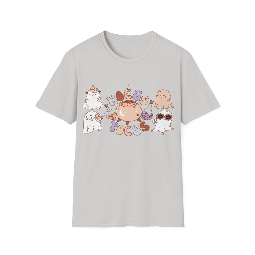 Hocus Pocus Cute Witch Crewneck T‑Shirt — Pastel Halloween Cat & Cauldron Tee