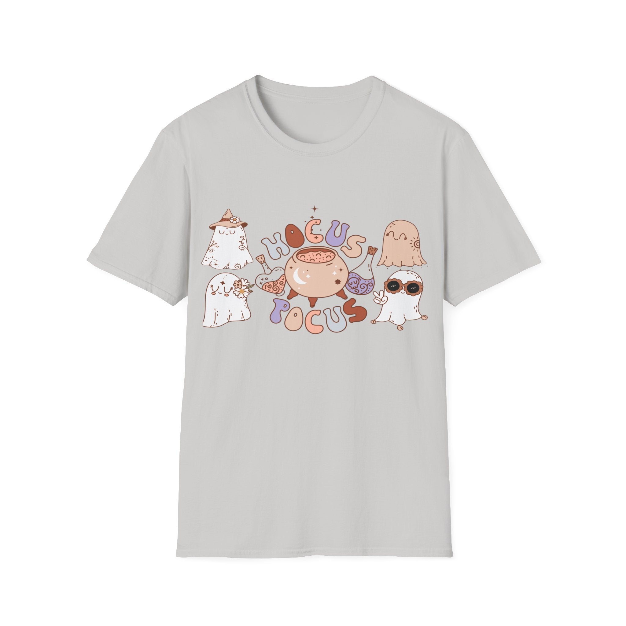 Hocus Pocus Cute Witch Crewneck T‑Shirt — Pastel Halloween Cat & Cauldron Tee