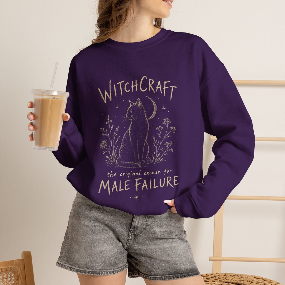 Witchcraft The Original Excuse for Male Failure graphic sweatshirt featuring Feminist Black Cat Crewneck